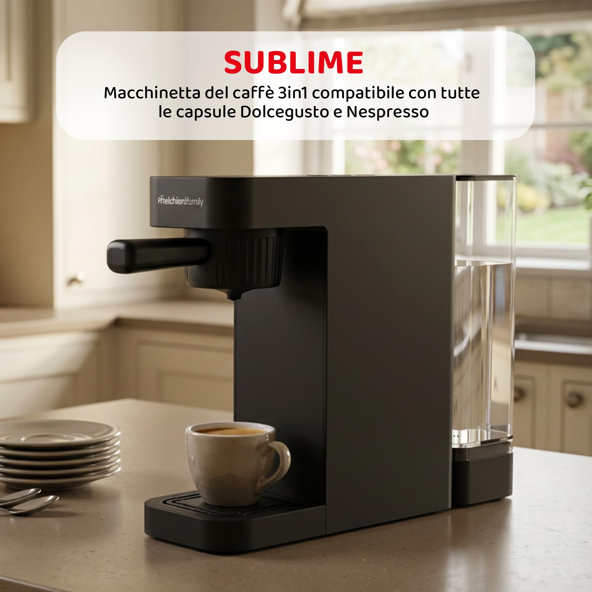 Melchioni Sublime - Macchina del Caffè 3 in 1 - Compatibile con Capsule Nespresso, Dolce Gusto e Caffè Macinato - Pompa 20 Bar - 1450W - Serbatoio 0,6L - Caffè Lungo e Corto (Nero)