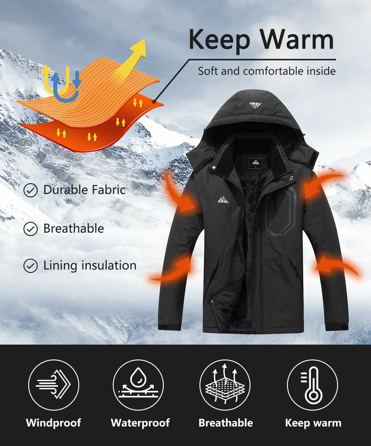 Men's Detachable Hooded Ski Jacket - Waterproof Padded Warm Lined Winter Jacket, Windproof Parka - Image 3
