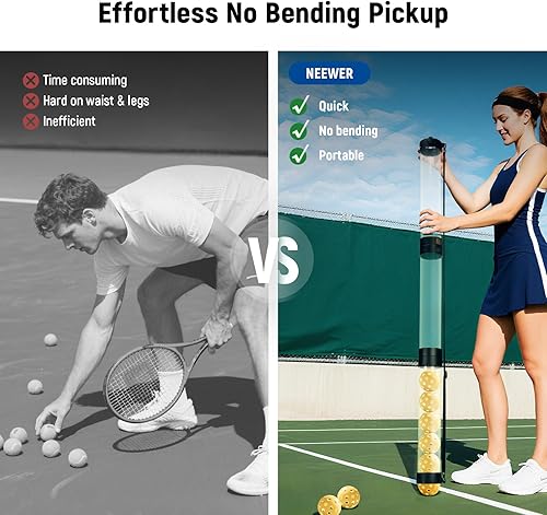 Miniatura 3 de NEEWER Tolva de tubo para pelotas de tenis y pelotas de pickleball, sección desmontable sin doblez, recogedor superior con tapón y correa para el