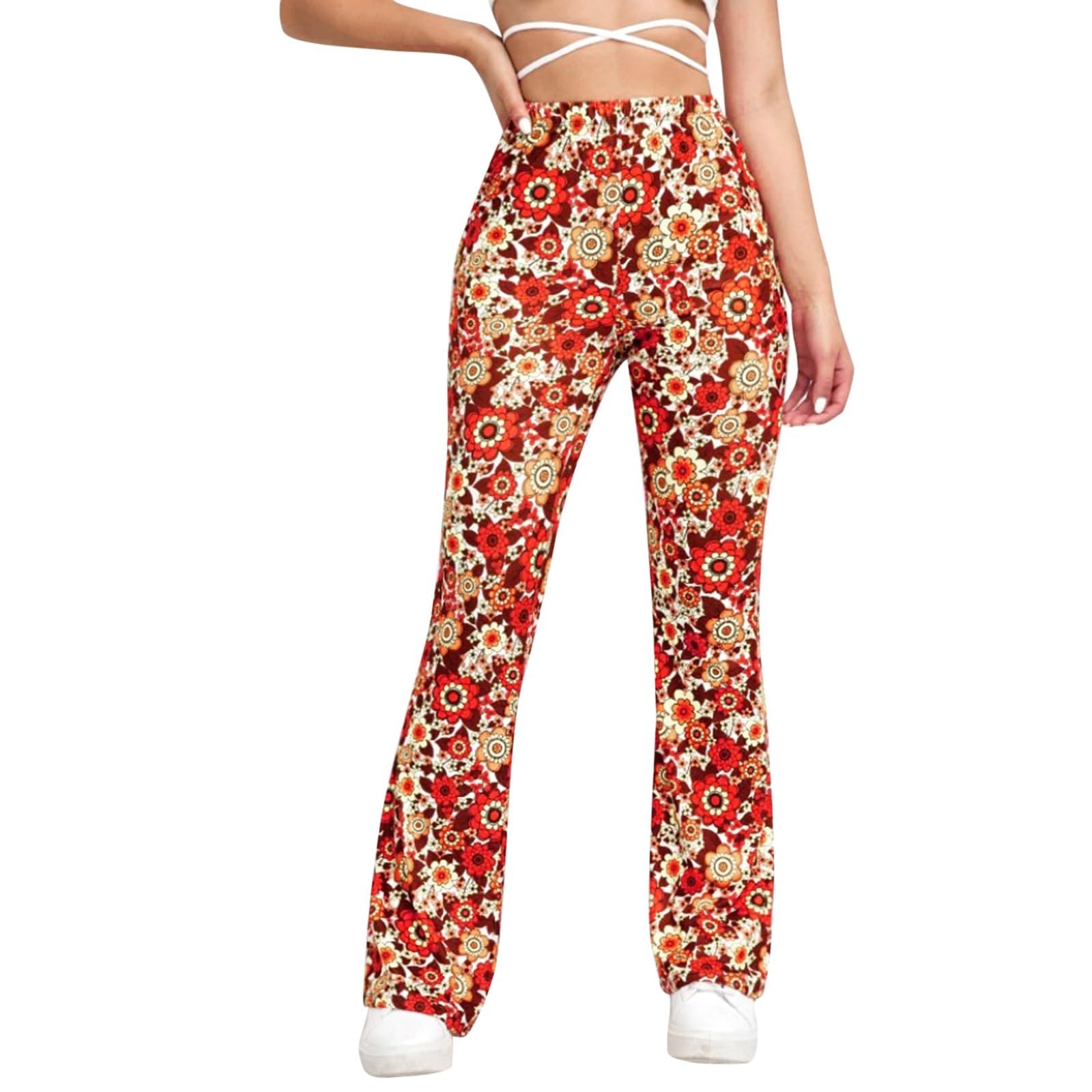 70S Flare Pants for Women Floral Print Flared Trousers Fancy Dress Costume Adult Rave Festival Outfits Wide Leg Leggings High Waist Hippie Bell Bottom Disco Costume Yoga Trousers Yellow