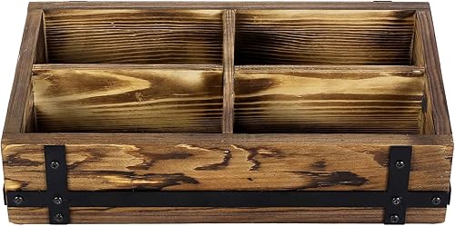 Miniatura 6 de MyGift Caja de almacenamiento de cinta de casete retro de madera maciza rústica con detalles industriales de metal negro mate y 4 compartimentos,