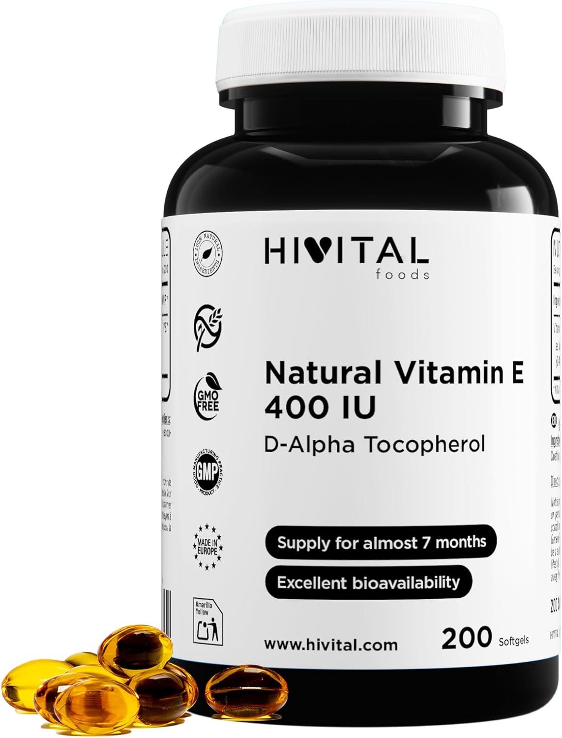 Natural Vitamin E 400 IU (D-Alpha Tocopherol). 200 oil capsules for more than 6 months of treatment. Made with 400 mg of Natural Vitamin E. Made in Europe by HIVITAL Natural Vitamin E 400 IU (D-Alpha Tocopherol). 200 oil capsules for more than 6 months of treatment. Made with 400 mg of Natural Vitamin E. Made in Europe by HIVITAL