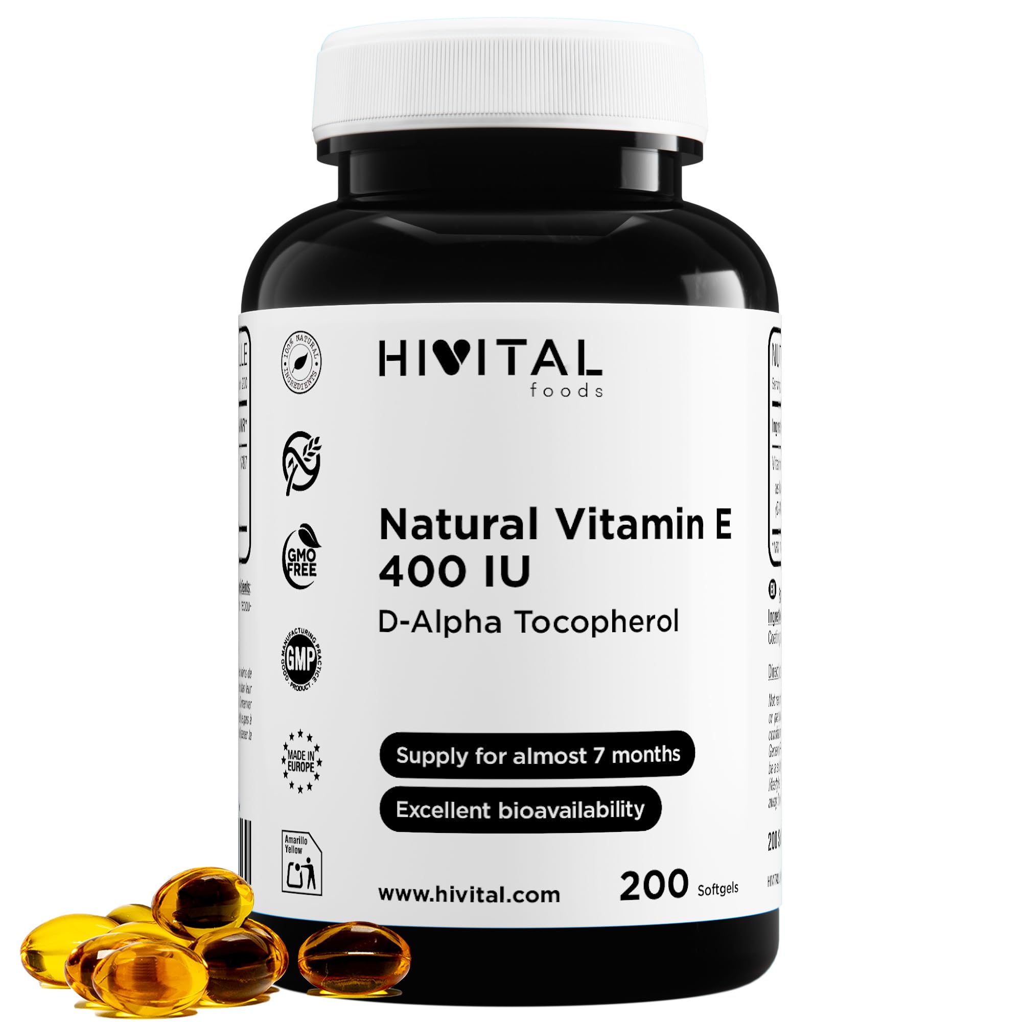 Natural Vitamin E 400IU (D-Alpha Tocopherol) | 200 Softgels (more than 6 month supply) | Antioxidant that protect cells from damage