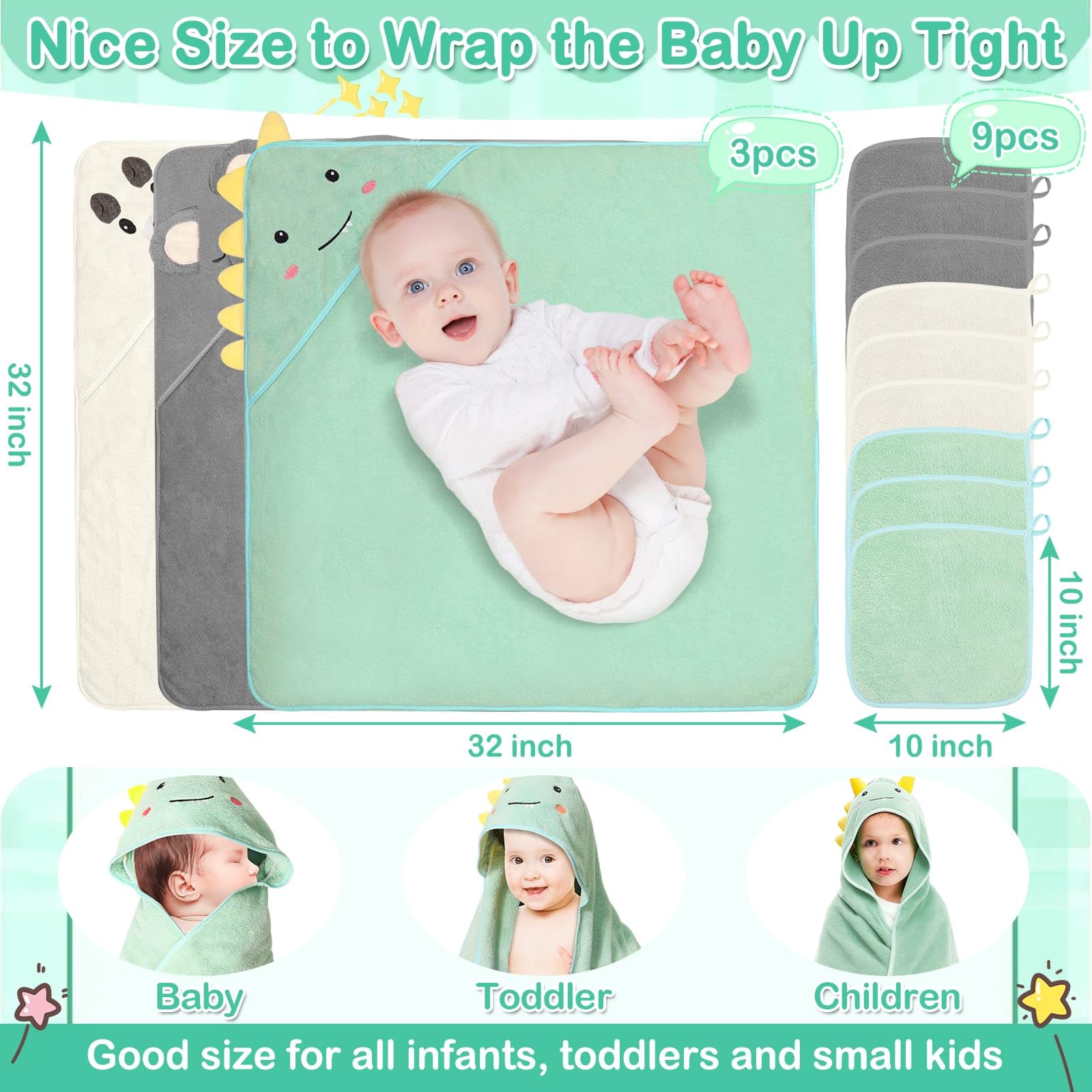 Sublaga 78,9 x 78,9 cm Baby-Kapuzenhandtücher, 9-teiliges Bad für Jungen, Waschlappen-Set mit niedlichem Design, Duschtuch, Geschenk für Neugeborene, Säuglinge und Kleinkinder