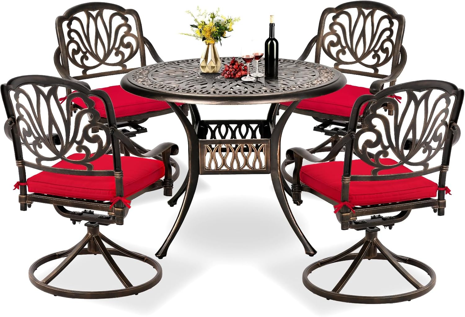 TITIMO 5-Piece Outdoor Patio Dining Set, All-Weather Cast Aluminum Furniture Patio Conversation Set 4 Swivel Chairs and 35.4" Table w/Cushions and Umbrella Hole for Backyard Garden Deck (Khaki)