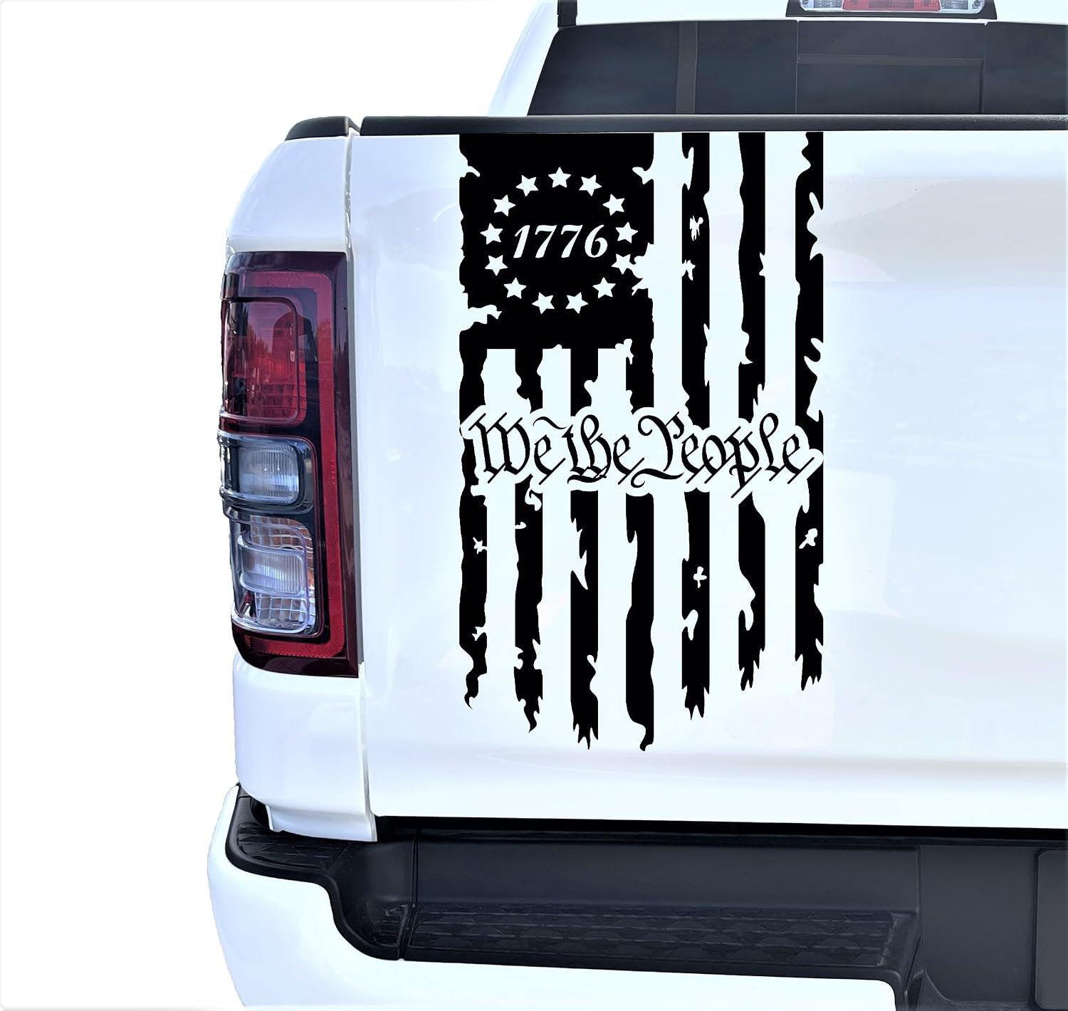 We The People Betsy Ross Flag 1776 Distressed American USA US Flag Truck Tailgate Vinyl Decal Stickers Preamble of The US Constitution (10" x 18") (Matte Black)