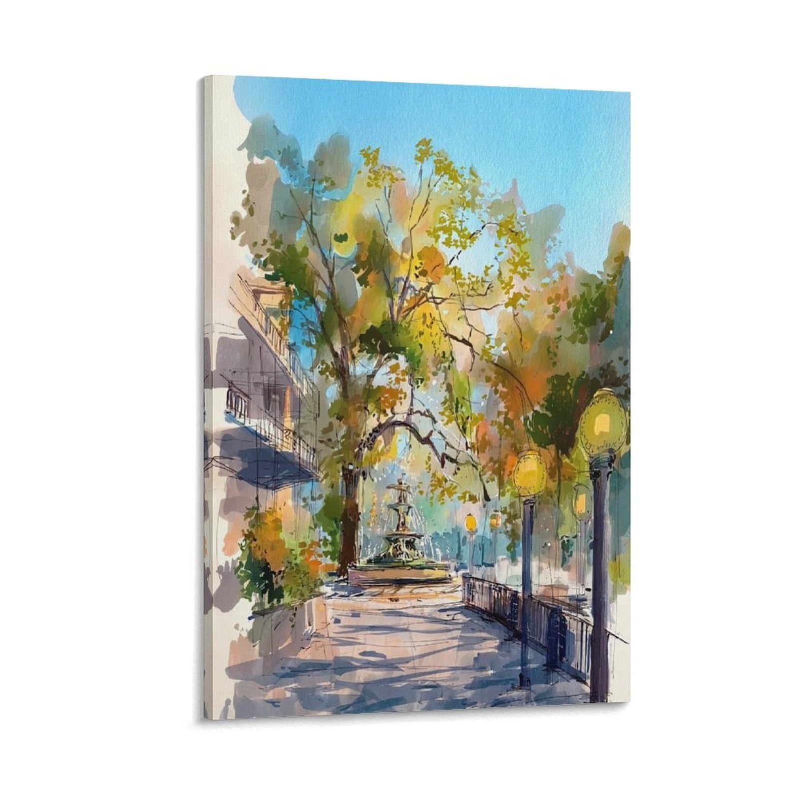 LCYNNH Savannah Forsyth Park Tree 16x24inch(40x60cm) Vintage Travel Poster Watercolor Canvas Art