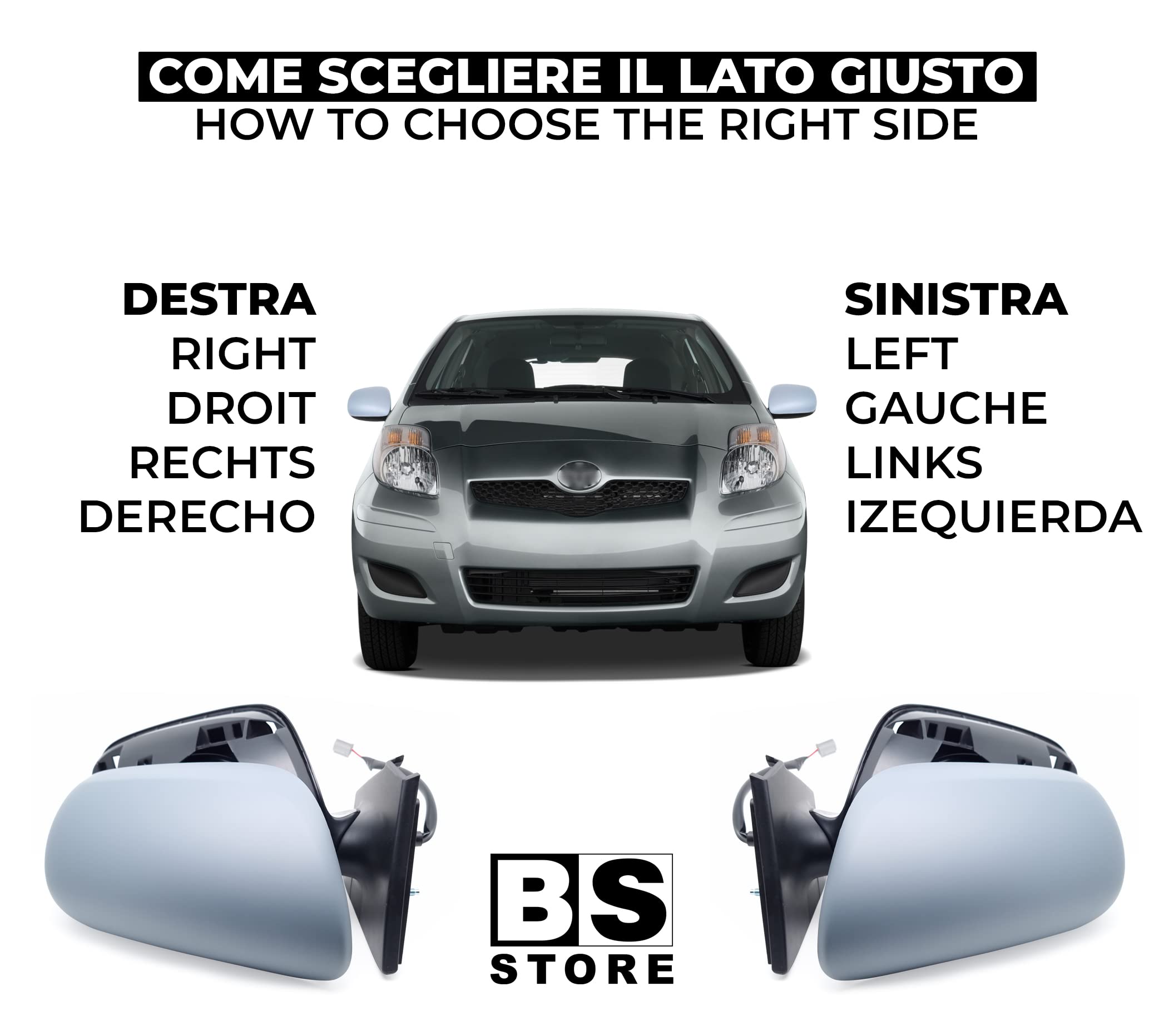 BSSTORE Specchietto Retrovisore da Verniciare perYARIS dal 2006 al 2011 (XP9) Elettrico Termico (Destra - Lato Passeggero)