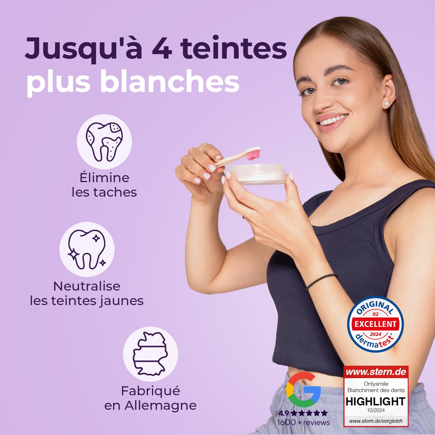 Poudre de blanchiment des dents Onlysmile pour dents blanches | Blanchiment dentaire professionnel | Effet nettoyant visible | Blanchisseur de dents sûr et indolore - Nettoyage cosmétique des dents