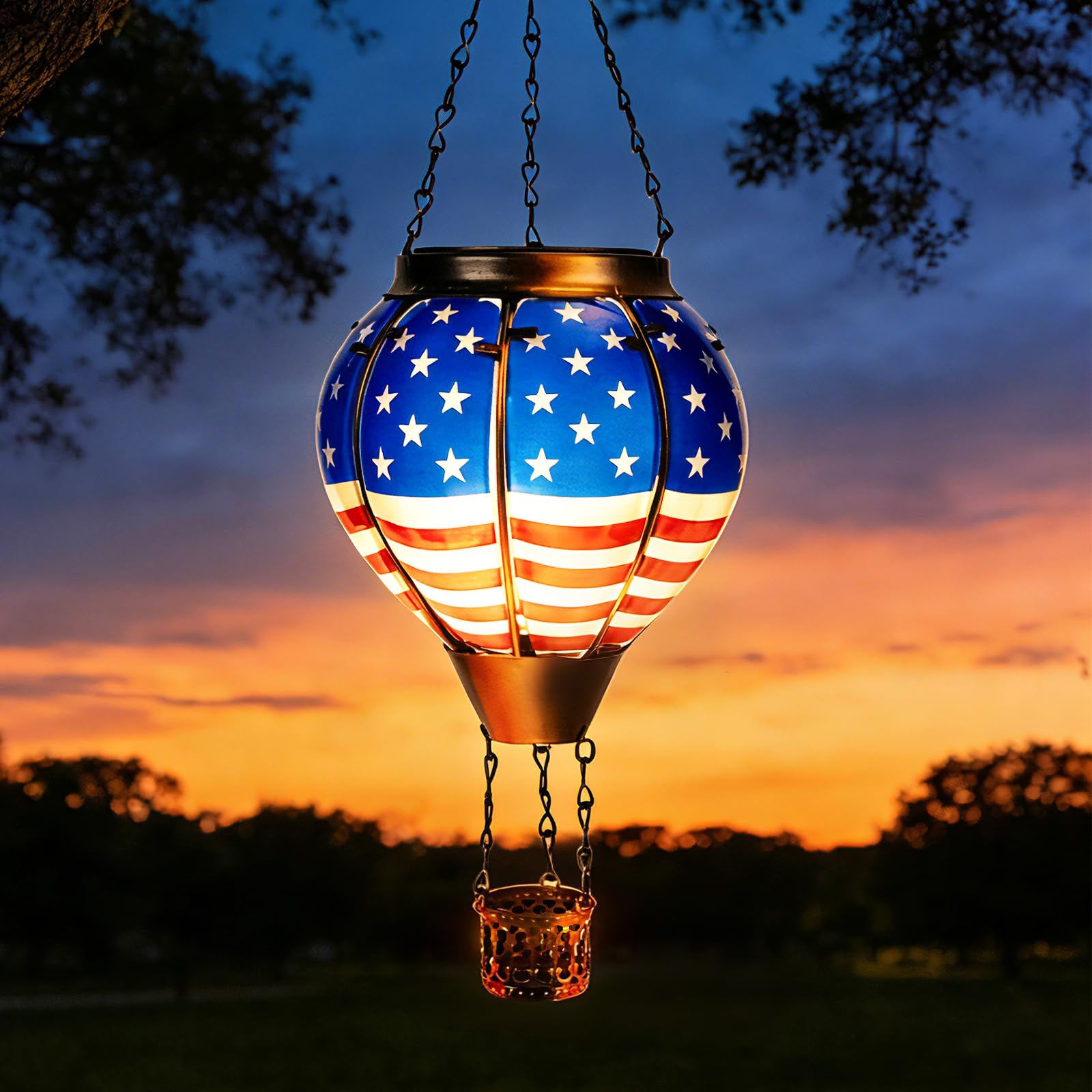 Photo 1 of **MISSING ONE GLASS PANEL/PANELS COMING OUT/PARTS ONLY*****Solar Hanging Lantern Outdoor Waterproof, American Flag Hot Air Balloon Solar Lantern with Flickering Flame, Patriotic Garden Decor for Yard, Patio, Porch, Memorial Day & 4th of July