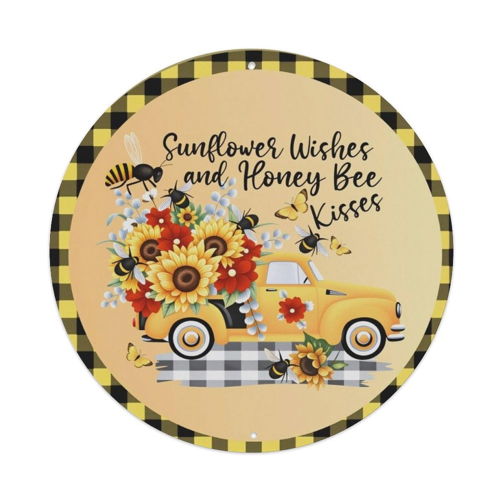 Buffalo Plaid Vintage Truck Sunflower Bee Round Sign Vintage Aluminium Metal Sign, Retro Wall Decor for Home, Bar, Garage & Farmhouse 20x20cm