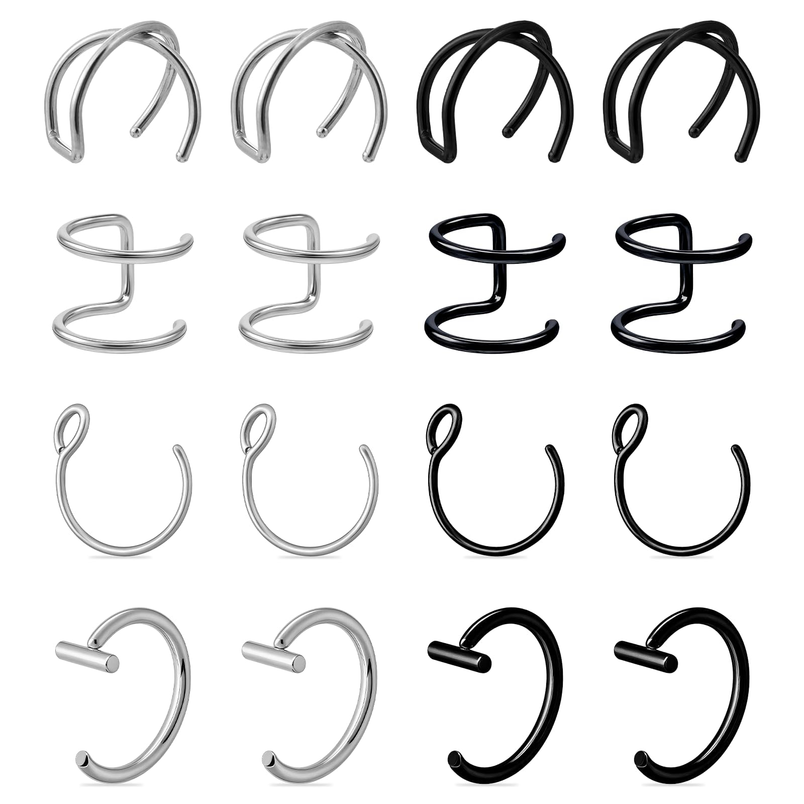 16 PCS Nose Pin Without Piercing, Fake Nose Ring Set, Non-Piercing Septum Ring, Clip-On Nose Rings for Women and Men, Fashion Jewelry for Parties