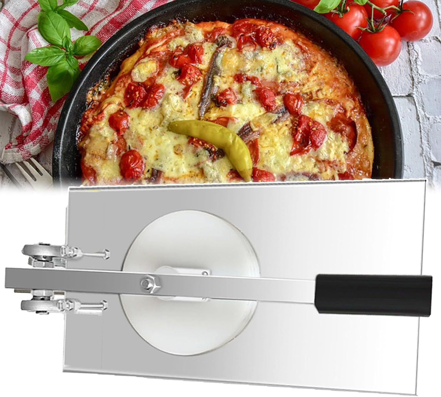 Home Pizza Press Machine - Stainless Steel Pastry Dough Maker with (20-24cm/7.9''-9.5'') Pressure Plate, Adjustable Commercial Pizza Press Maker - Household Cooking Dining Use,22CM