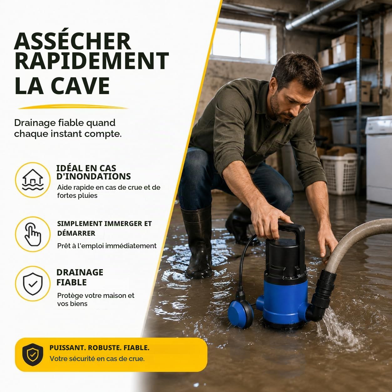 Pompe submersible pour eaux usées 400 W - 7500 l/h, hauteur de livraison de 5 m, profondeur d'immersion 4 m, câble de raccordement de 10 m, interrupteur à flotteur réglable, protection thermique