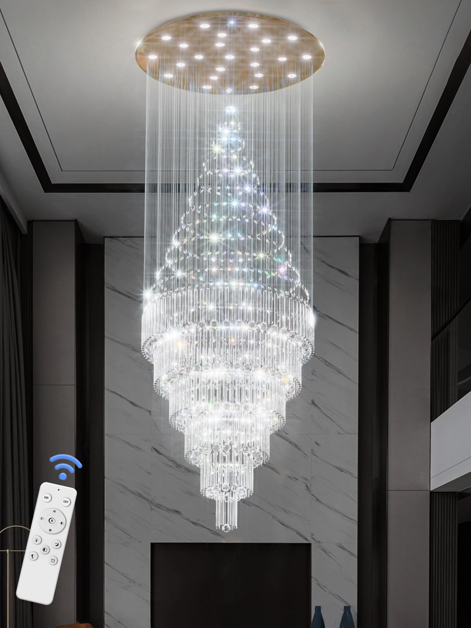 Flashing God D48''X H120''High Ceiling Chandelier Crystal Raindrop Gold Chandeliers Large Villa Chandelier Entrance Foyer Hight Ceiling Lighting LED Dimmable 2700K-4500K-6000K 24 LED Bulbs Include
