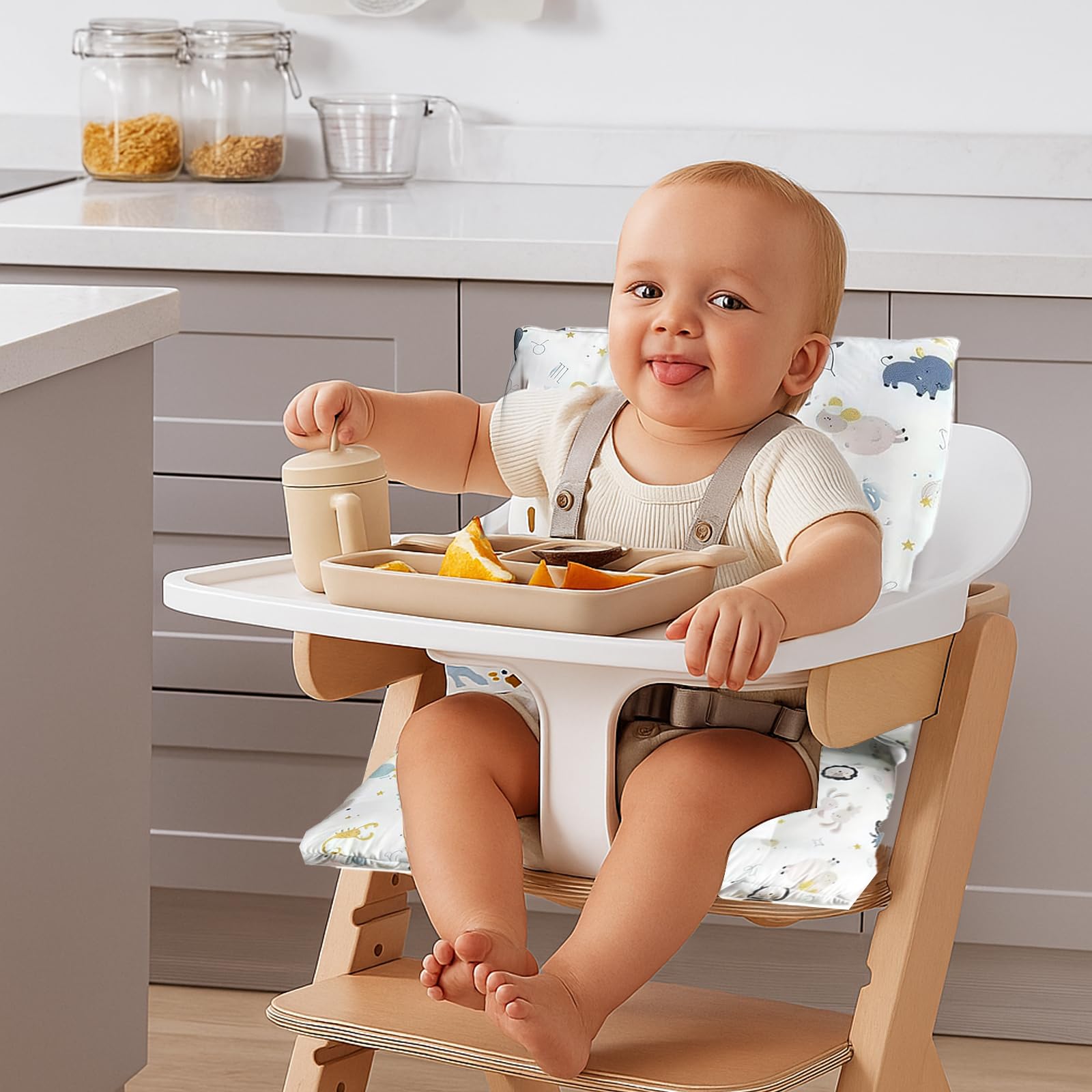 Cuscino per seggiolone Stokke Tripp Trapp, set da 2 pezzi in cotone biologico con rivestimento laminato impermeabile, facile da pulire e rimovibile, lavabile in lavatrice (animali marini)