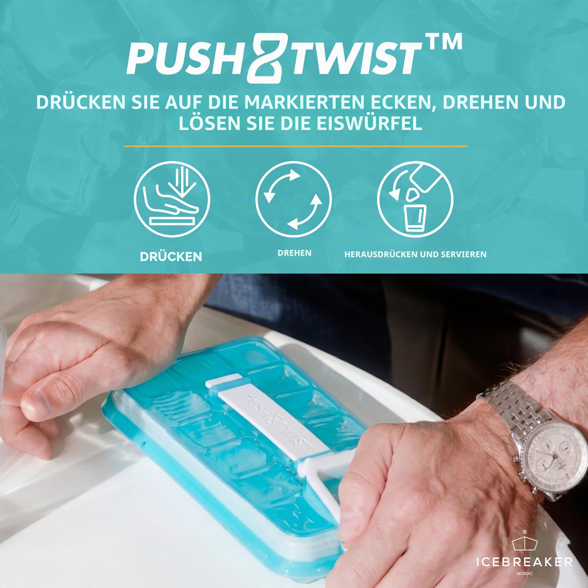 ICEBREAKER NORDIC Push & Twist 3er Set Eiswürfelform mit Deckel (18x3 Eiswürfel) | Eiswürfelbehälter für Gefrierschrank | No-Touch Eiswürfelbereiter - Auslaufsichere, platzsparende Eiswürfelformen