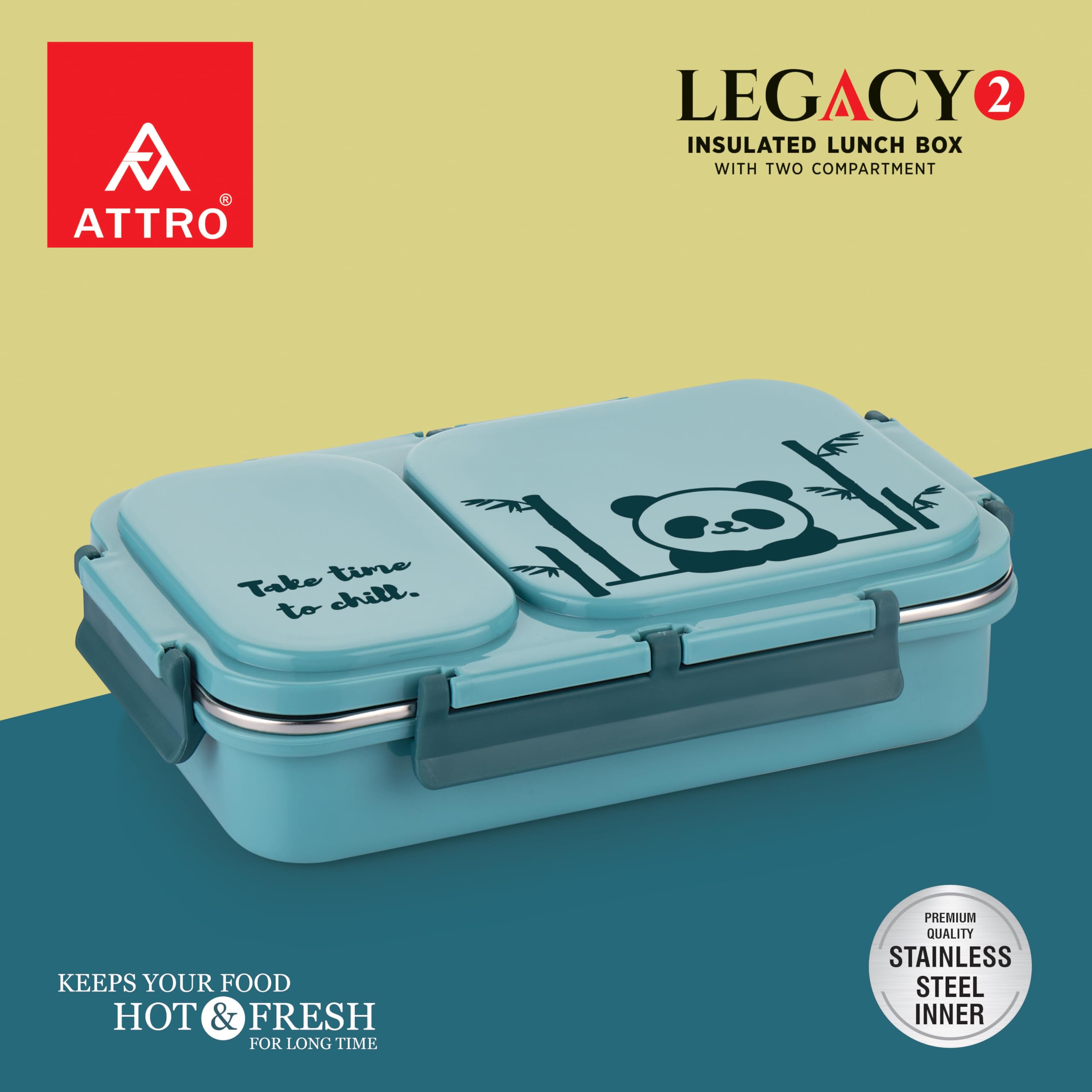 Attro Legacy 2 - Lonchera aislada con dos compartimentos sin BPA, de grado alimenticio, a prueba de fugas, ideal para la escuela, picnic, oficina y al aire libre, 600 ml, color azul
