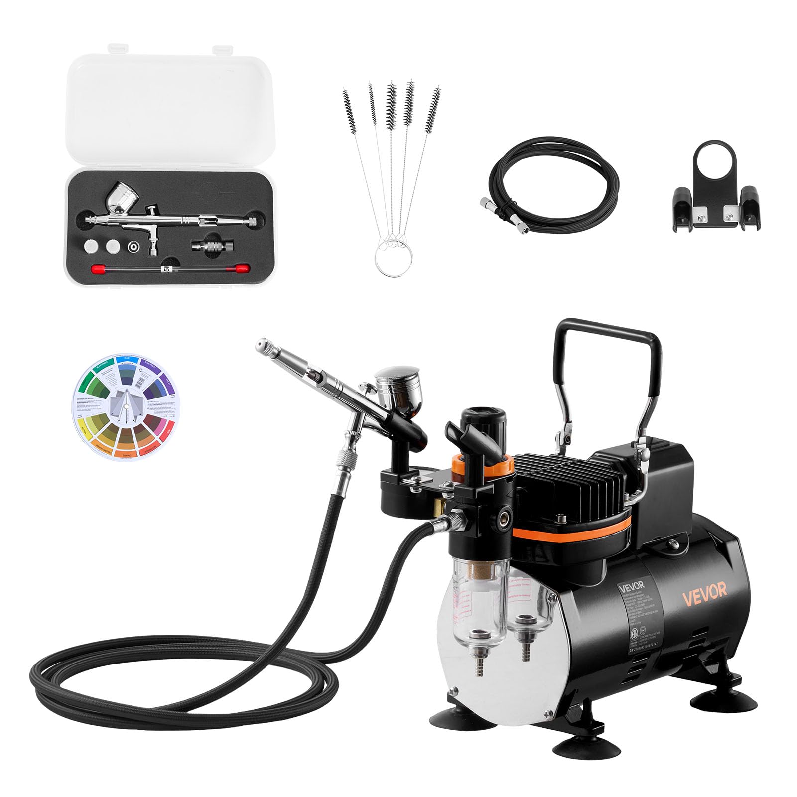 VEVOR Kit Aérographe avec Compresseur d’Air 1/6 HP, Compresseur Aérographe Professionnel à Double Action, avec 1 Pistolet, 3 Buses, Tuyau,1 Kit de Nettoyage, Décoration Pâtisserie Onglerie Modélisme