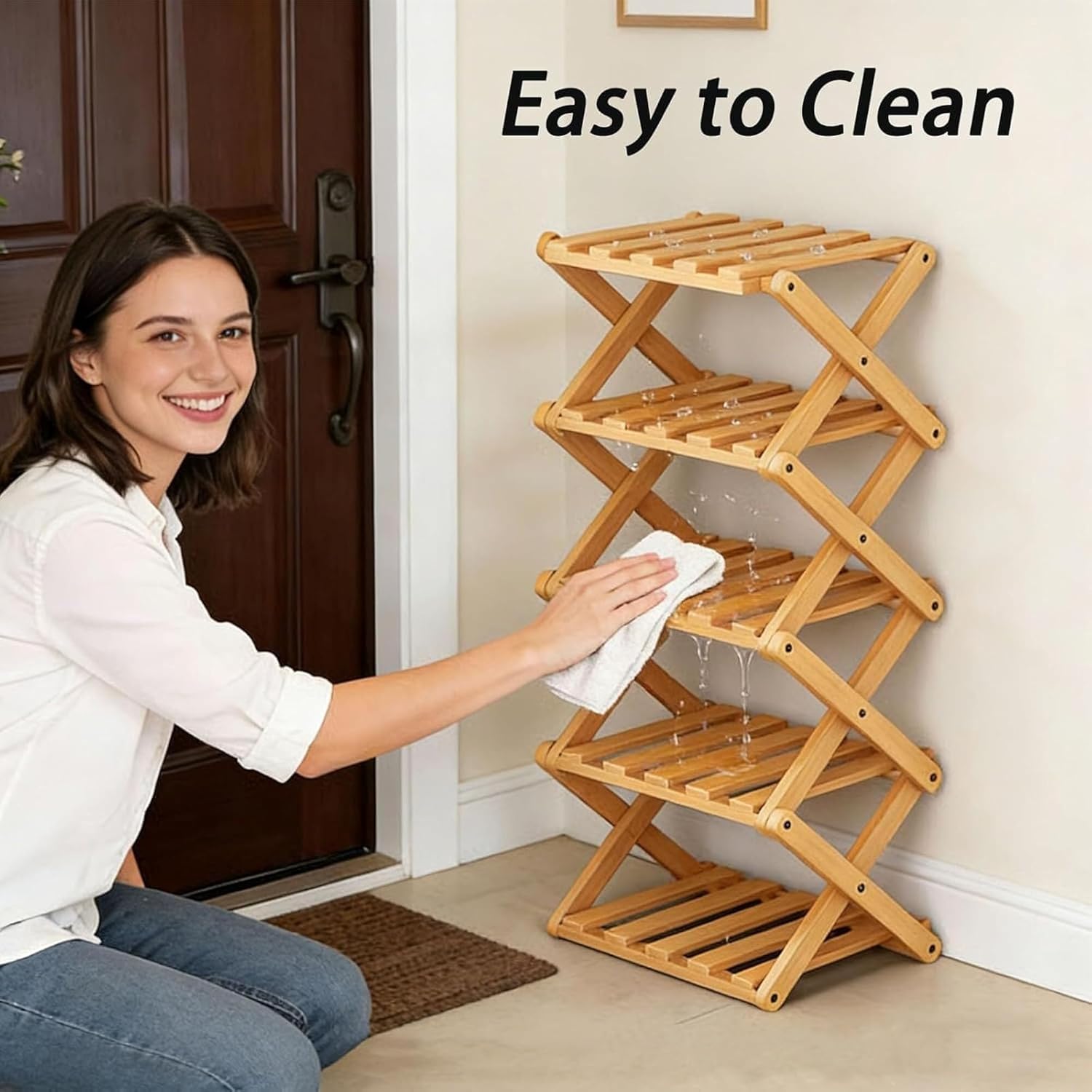 The 9-Tier No-Assembly Bamboo Rack: Foldable Vertical Wooden Shoe Rack, Space-Saving Narrow Shoe Shelf for Small Spaces, Multifunctional Shoe Tower Organizer (Wood Color, 9)