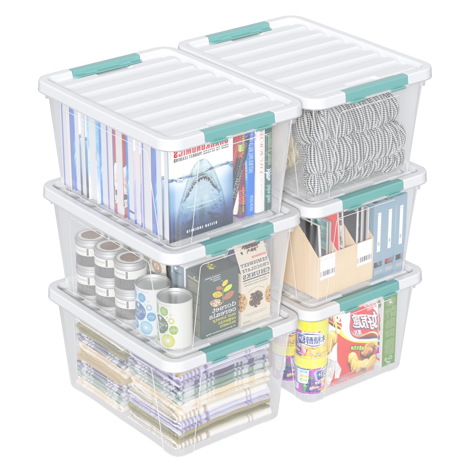 Easymanie 6-Pack 35 Quart Plastic Storage Bin with Lid, Clear Latching Container Box