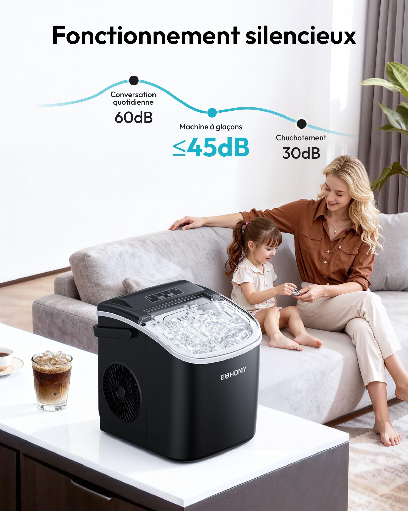 EUHOMY Machine à Glaçons, Petite Machine a Glacons, 9 Glaçons En 6 Minutes, Auto-Nettoyante Machine Glacon, Avec Poignée de Transport Et Panier à Glace, 12 Kg/Jour Machine a Glacon, Ice Maker Noir