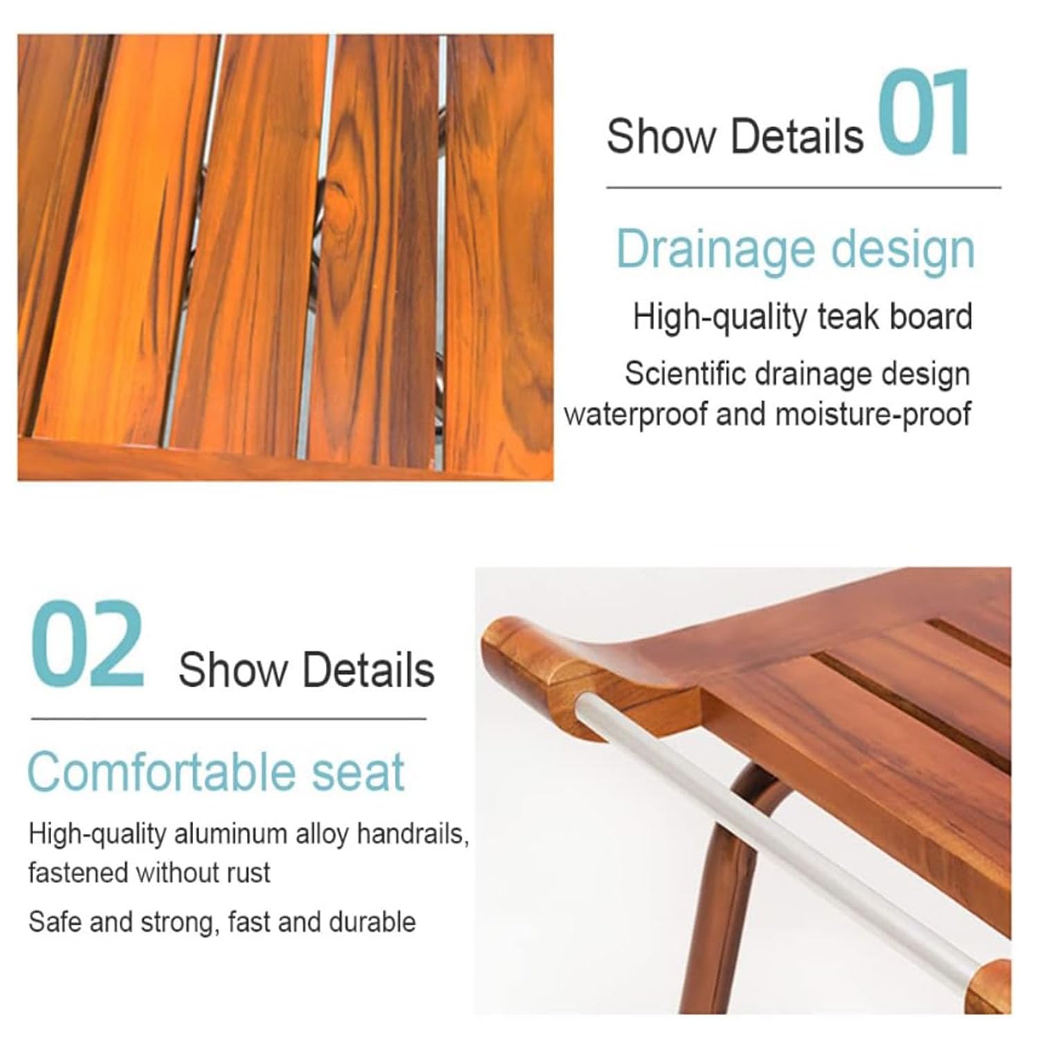 Taburete de Ducha de Teca con Reposabrazos, Regulable Asiento de Ducha de Aluminio, Antideslizante hasta 136kg, para Ancianos, Personas con Movilidad Reducida, Mujeres Embarazadas, Baño