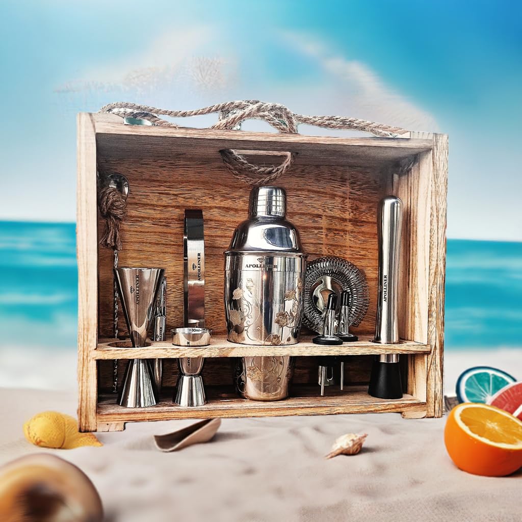 apolliner,shaker Cocktail professionale,kit barman con supporto in legno pregiato |set barman cocktail professionale,kit, cocktail set,bar,cocktail,attrezzatura da bar,regalo casa,Uomo,Donna(16pezzi)