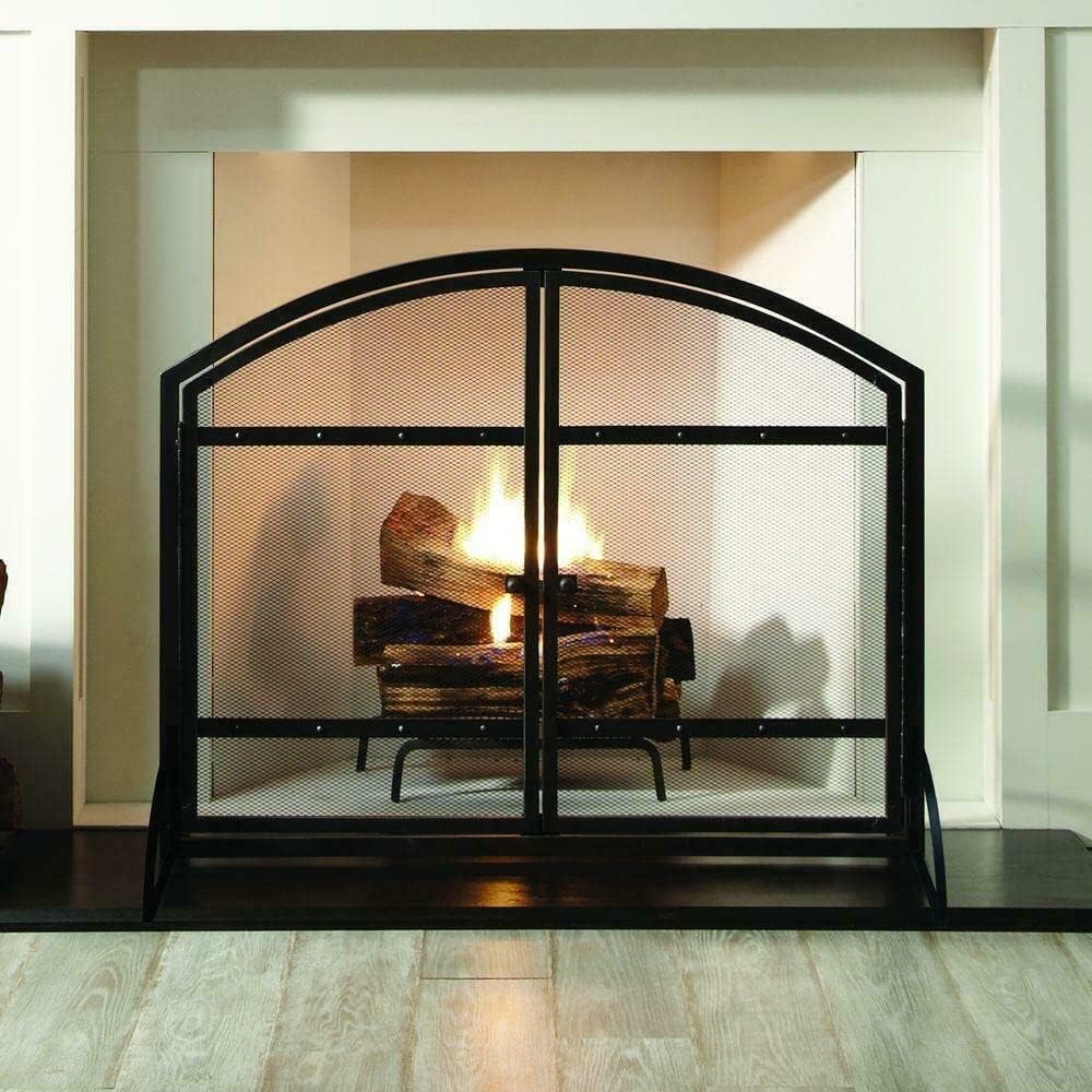 Antique Black 1-Panel Freestanding Steel Fireplace Screen with Doors - Mesh Safety Barrier for Home Decor, Fire Pit Protection, and Heat Shield