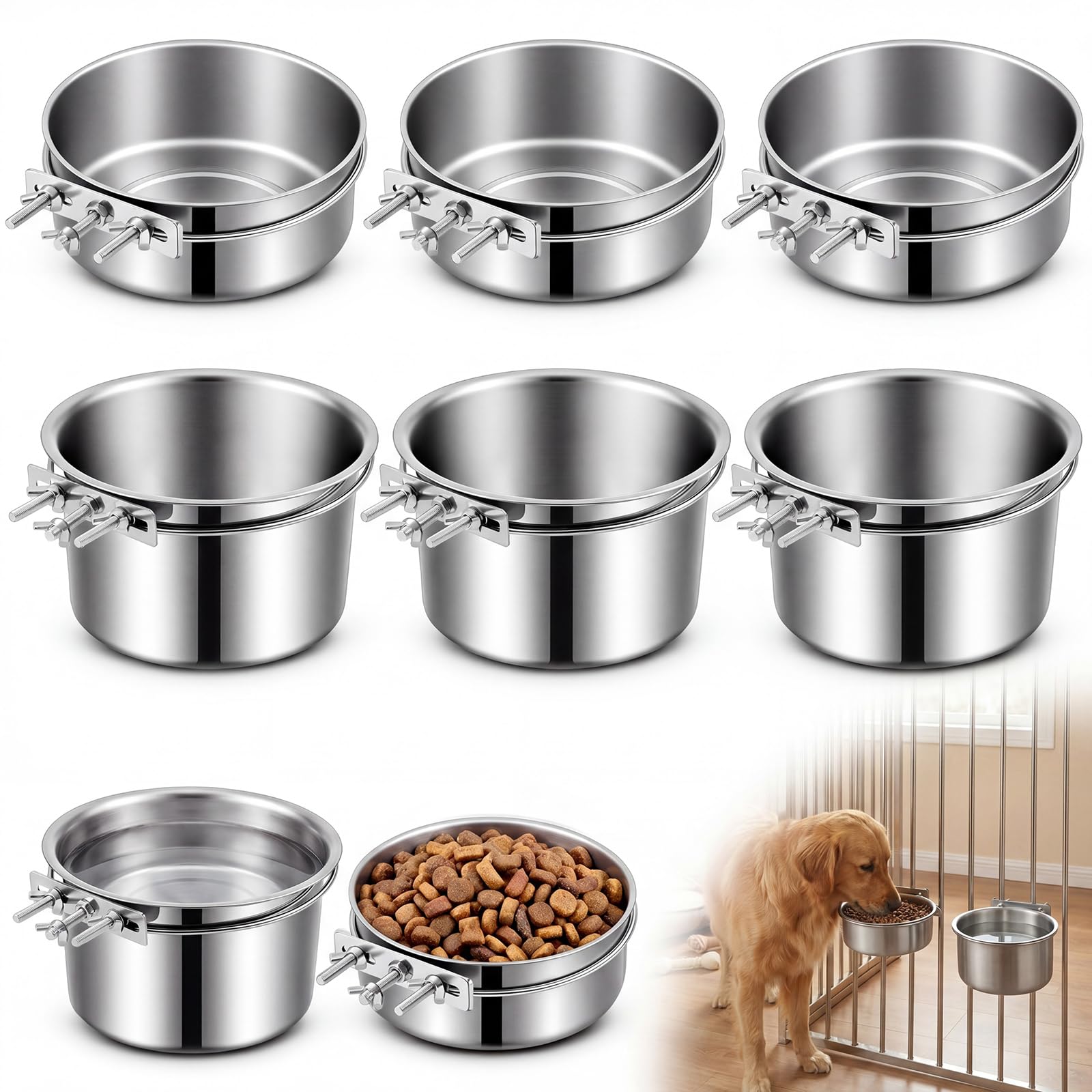 6 Pcs Dog Crate Water Bowl No Spill, 40oz & 60oz Hanging Kennel Bowls Bulk | Stainless St…