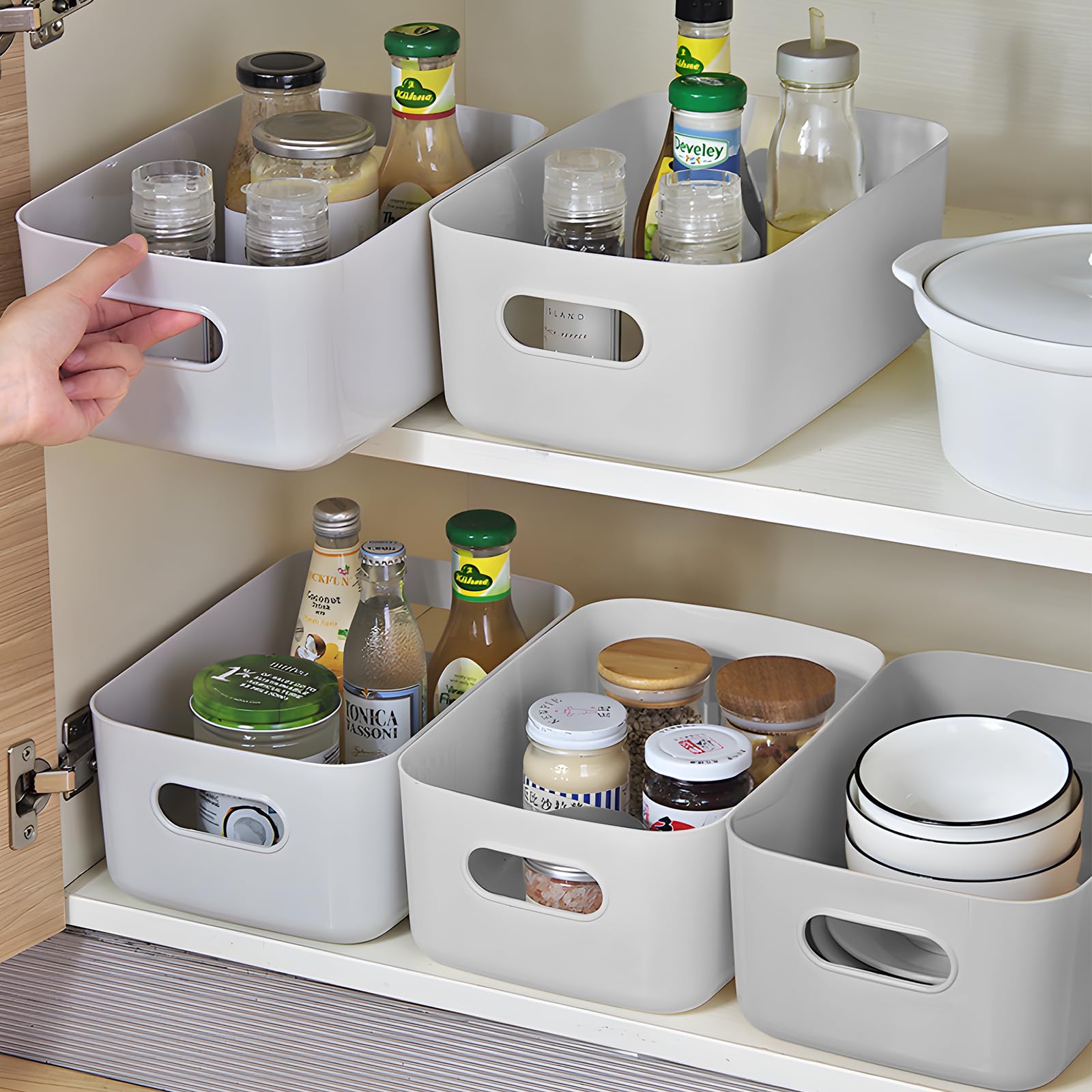 12 Pezzi Cestino Portaoggetti Plastica,Cestini Portaoggetti Plastica,Scatole Organizer,con Manici,per Bagno,Cosmetici,Armadio,Contenitori Salvaspazio Cucina.(Grigio)