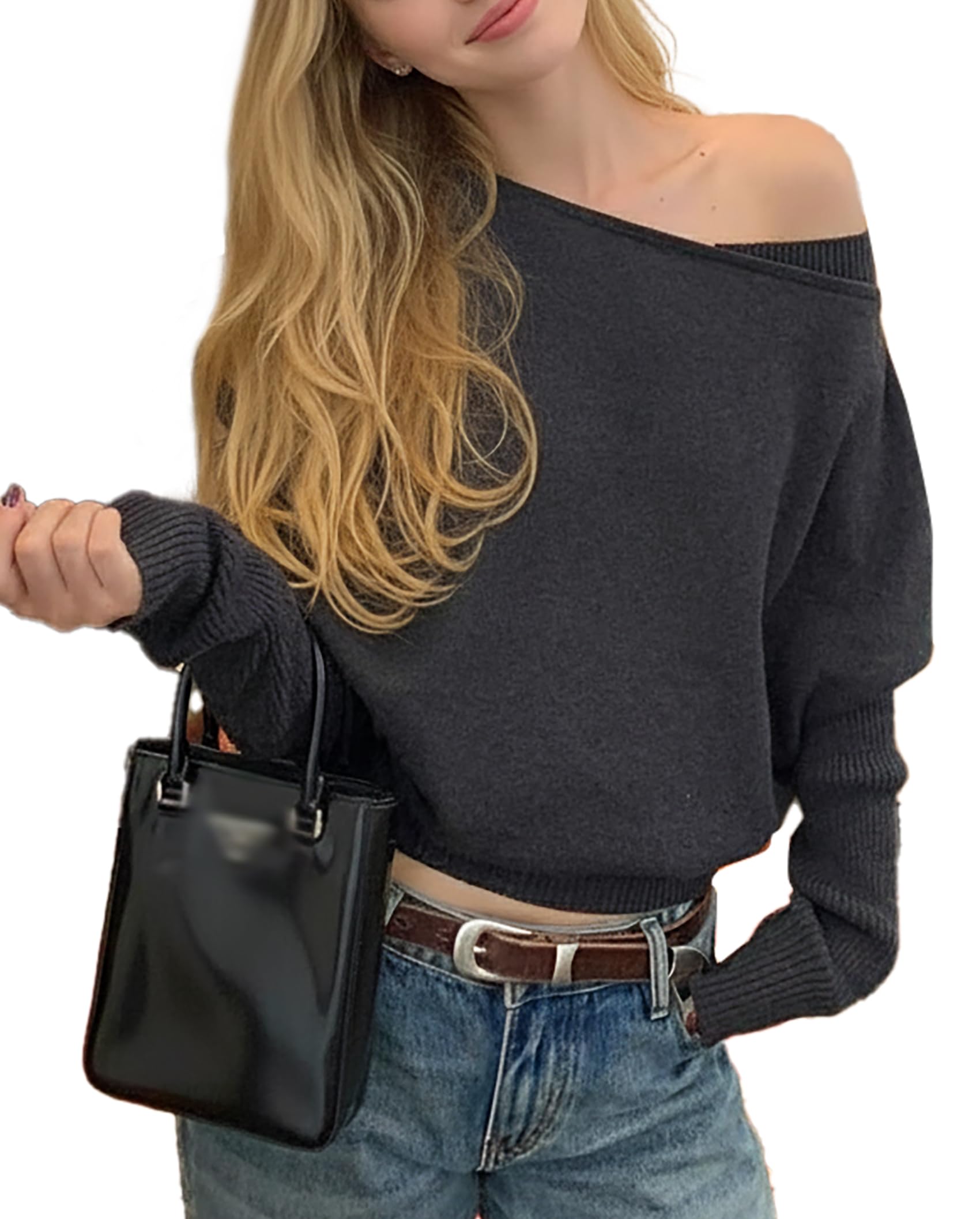 LAI MENG FIVE CATS Womens Off The Shoulder Sweater Long Batwing Sleeve Ribbed Pullover Knit Y2K Outfits