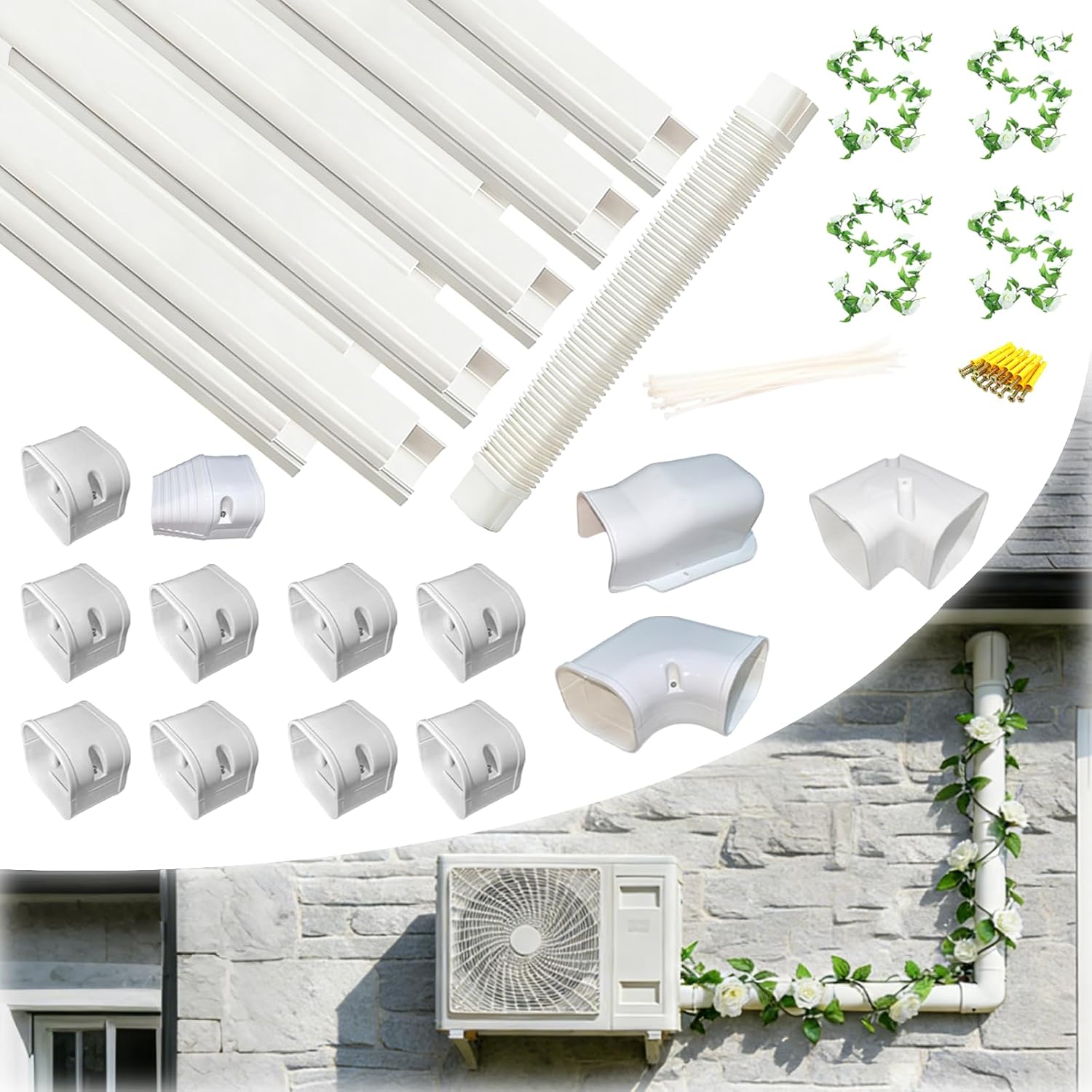 Mini Split Line Set Cover Kit – Decorative PVC AC Cover with Lifelike Green Plants, Easy DIY Installation, Fits Mini Split, Central AC & Heat Pump, White with Instructions (White, 3"×15Ft)