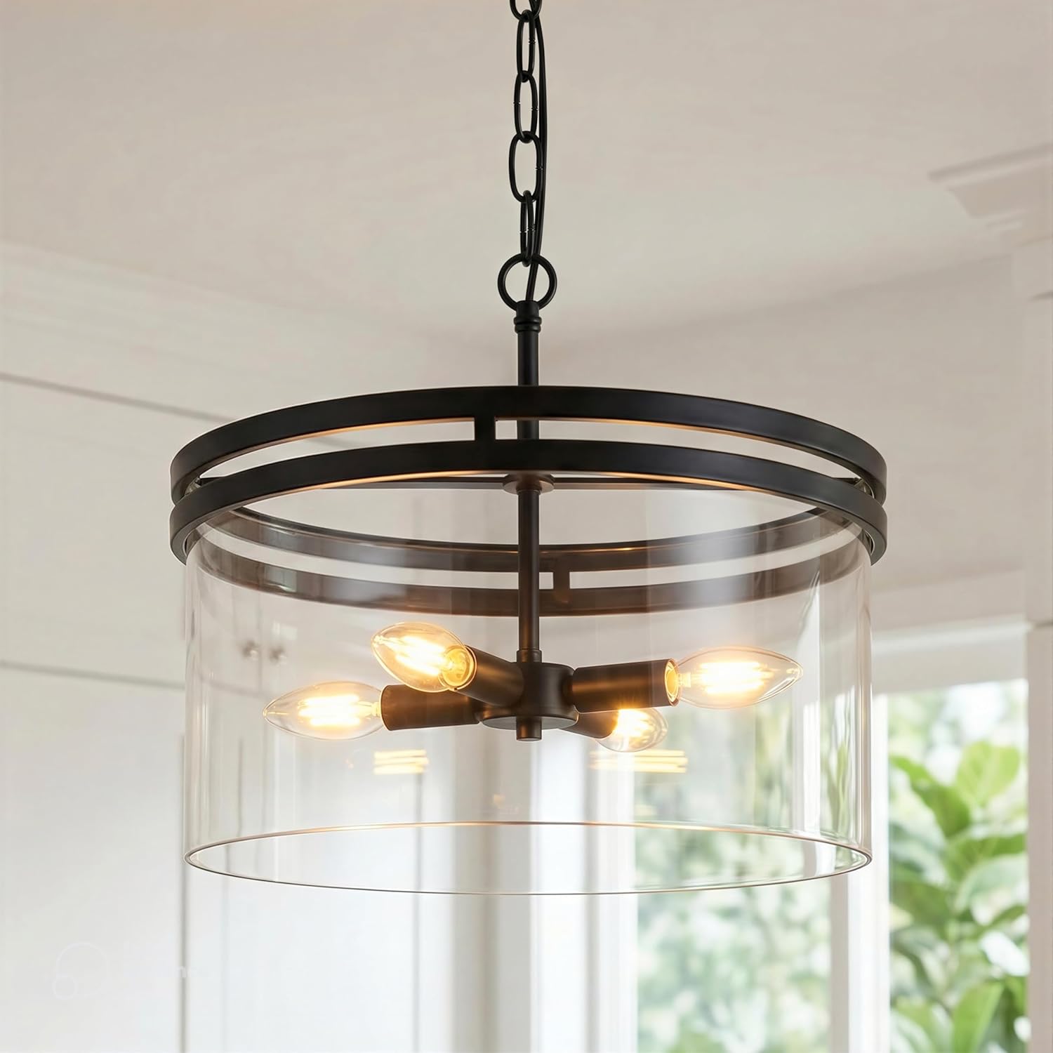 4-Light Black Glass Drum Chandelier, Modern Farmhouse Ceiling Pendant Light with Clear Glass Shade for Dining Room, Kitchen Island, Entryway, Foyer
