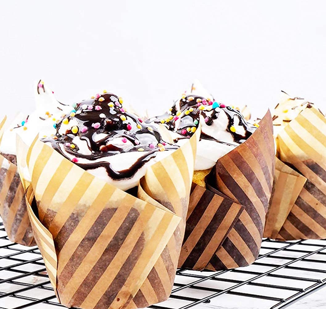 Lot de 100 caissettes en papier sulfurisé pour muffins et muffins à rayures marron