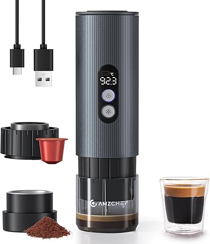 AMZCHEF Cafetera portátil recargable con batería de 9000 mAh, cafetera de café espresso de viaje 2 en 1 para cápsulas de tierraNS, máquina de café