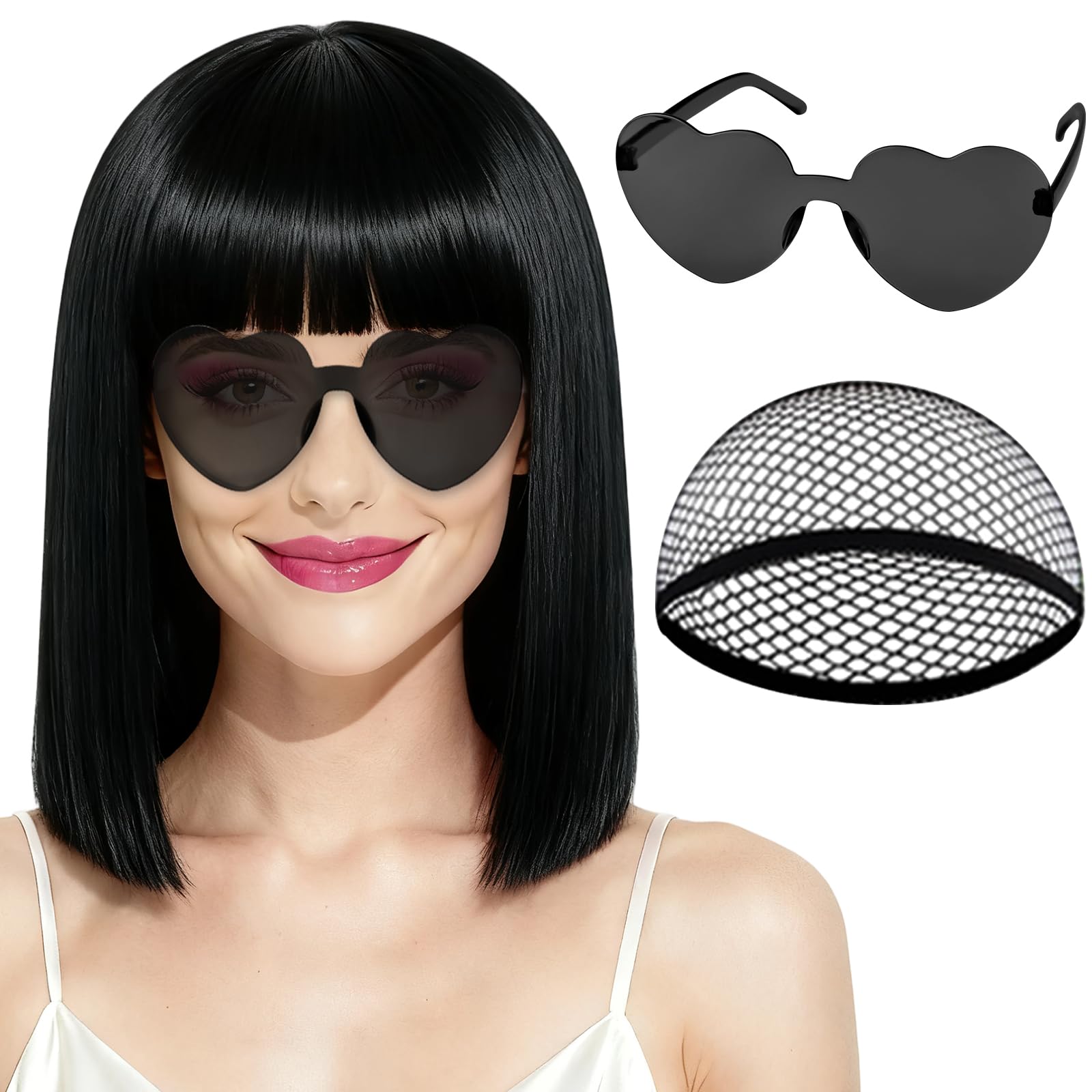 PLULON Weiße Bob-Perücke mit Pony, kurze, gerade Bob-Perücke mit Herz-Sonnenbrille, 30 cm schulterlang, hitzebeständiges Kunsthaar für Damen, natürlich_voghion.com