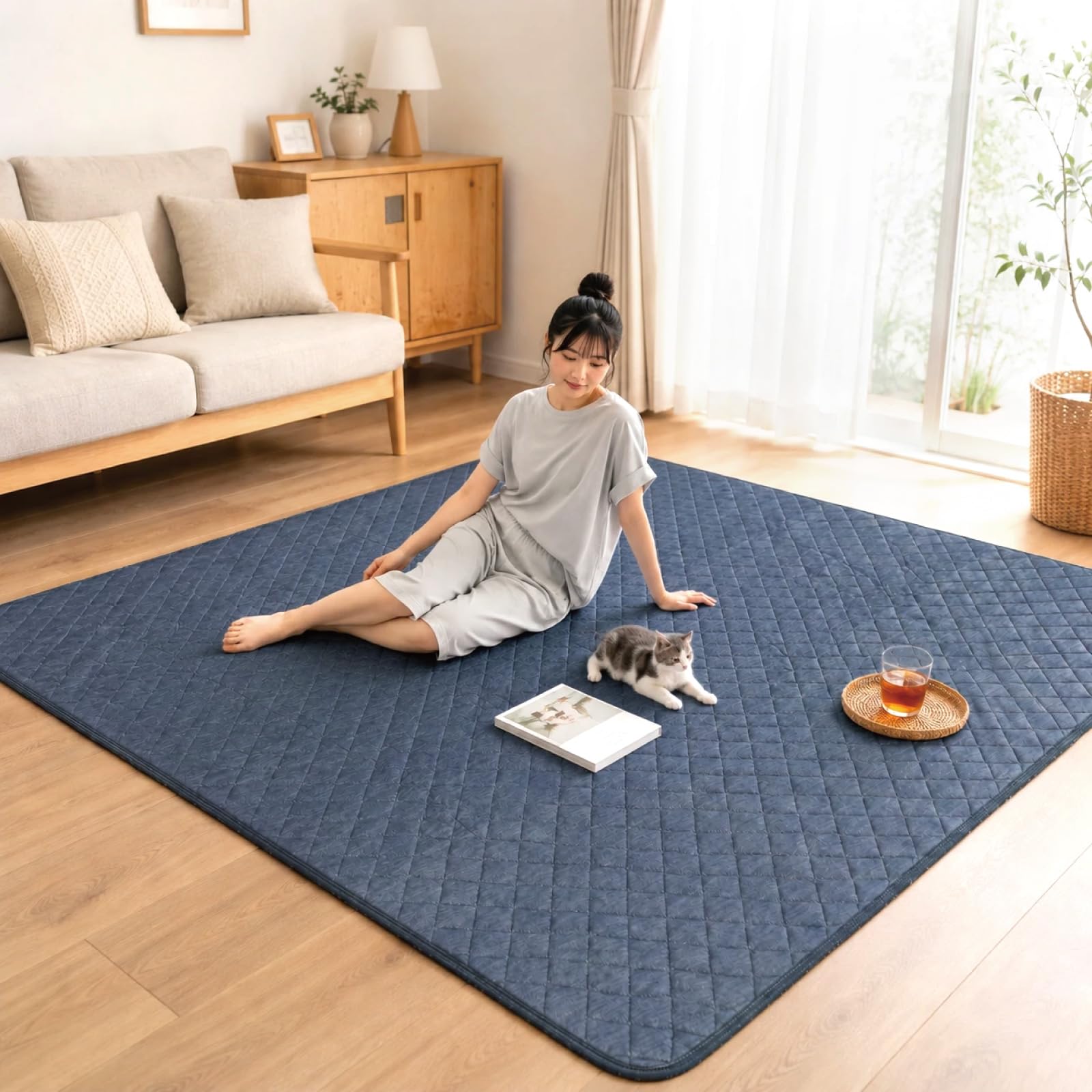 StorePocket ラグ カーペット ラグマット 洗える 2畳 おしゃれ キルト 冷感ラグ Q-MAX 0.4 約180×180cm ネイビー 夏 ひんやり 接触冷感 軽量 北欧 無地 杢調 ジーナ