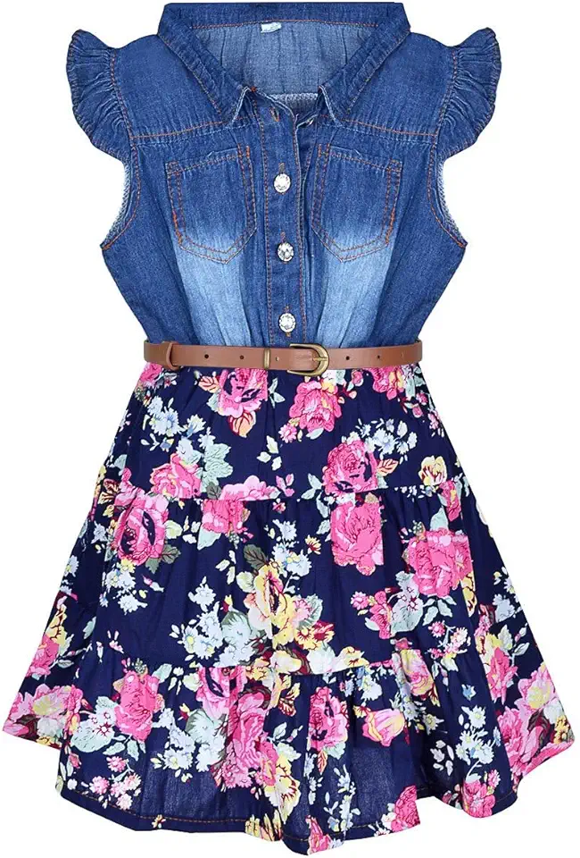 YJ.GWL Western Dress Girls, Denim Tops Flower Girl Dress, Princess Dresses for Girls, Party Dresses for Girls 3-14 Years