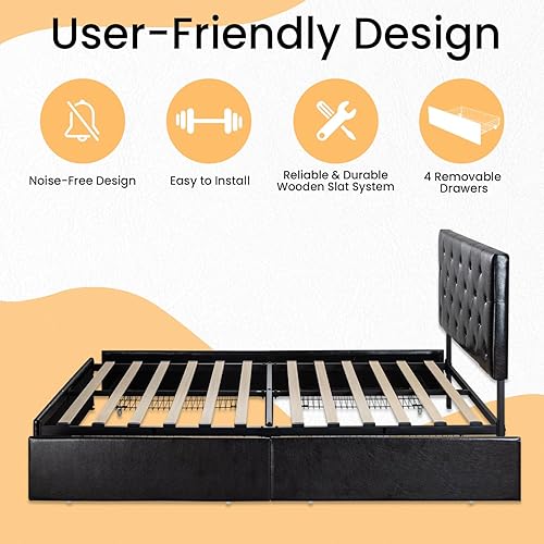 Miniatura 7 de SHA CERLIN Base de cama tapizada de plataforma Queen con 4 cajones, cabecera ajustable con diseño de botón de diamante de piel sintética, soporte de