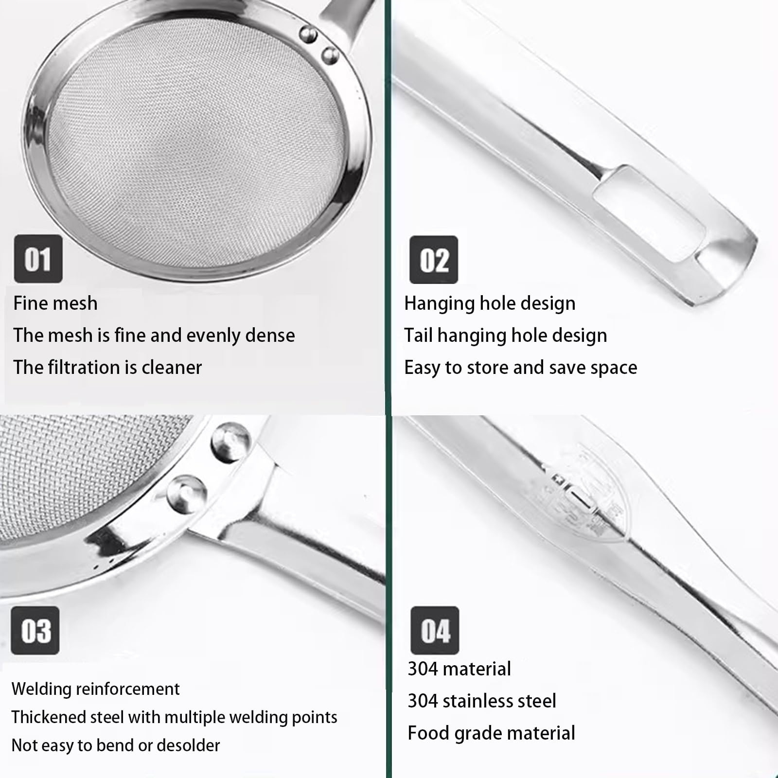Set di 4 colini da cucina in acciaio inox (8,5/10/12/14 cm) con manico rinforzato filtro cucchiaio per scolare o scolare
