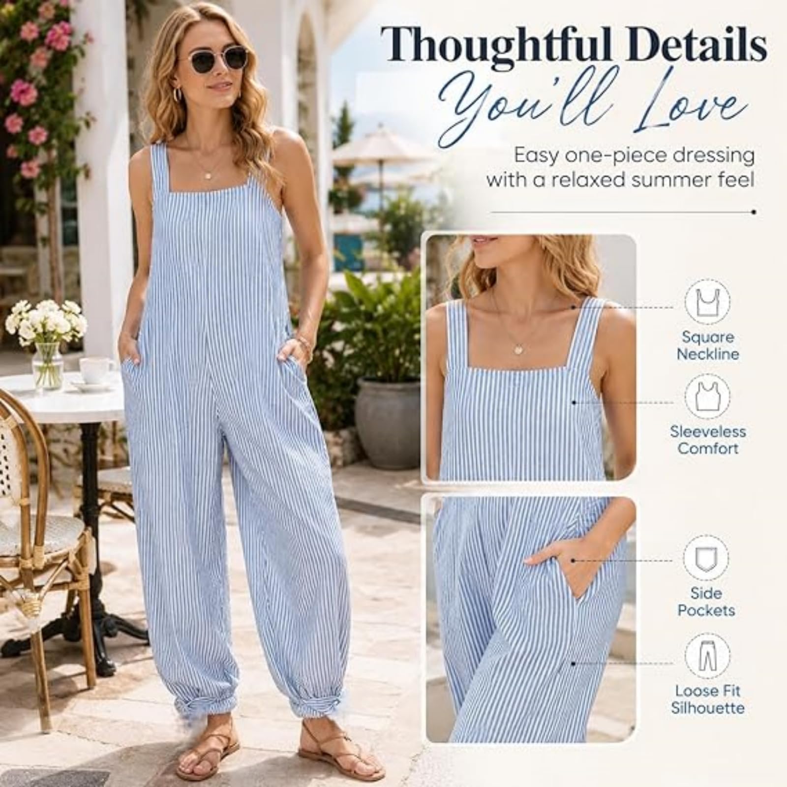 Tuta intera da donna a righe, stile minimalista, scollo quadrato, senza maniche, gamba larga e vestibilità comoda con tasche – Ideale per l'estate