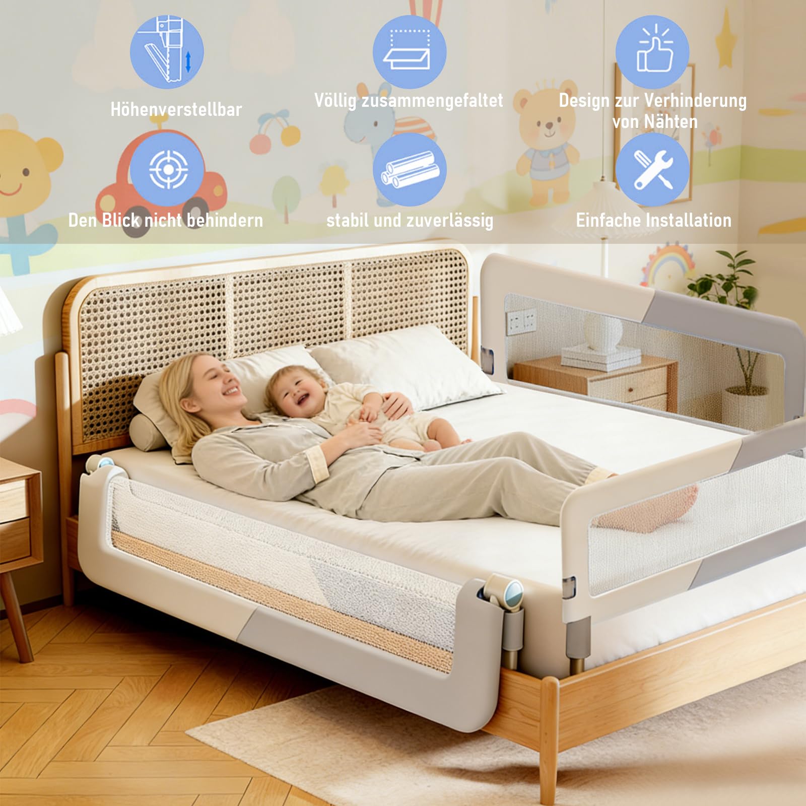 200cm Rausfallschutz Bett, Höhenverstellbar Bettschutzgitter Baby | Rausfallschutz Boxspringbett, Bettgitter Klappbar, Bett Rausfallschutz für Baby und Kinder, Schnelle Montage