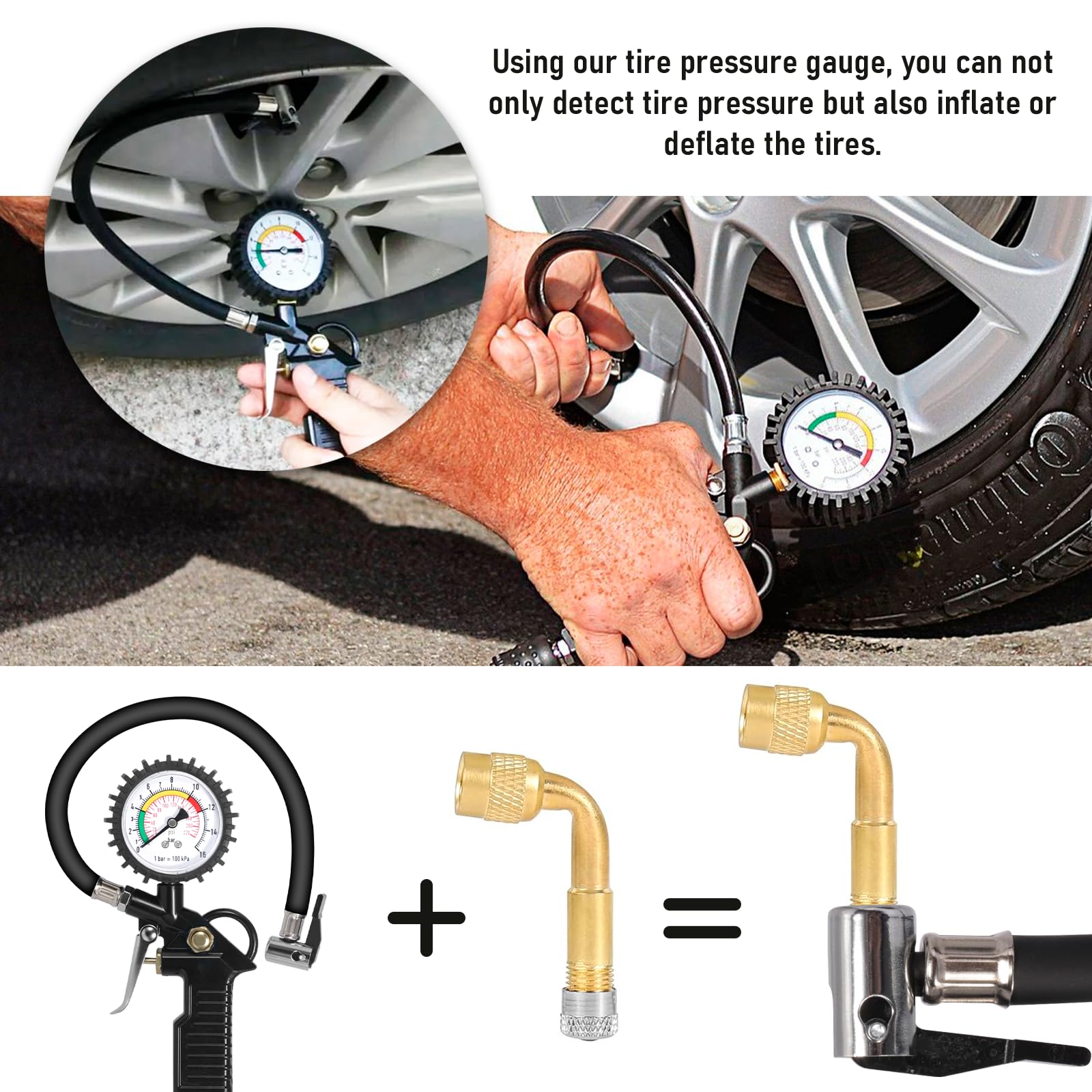 Manometre Pression Pneu, 220PSI Poignée Gonflage Avec Outil de Noyau de Valve, Gonfleur Pneu,Accessoires de Compresseur, pour Voiture, Moto, Camion, Vélo
