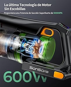 SunSare Aspiradora Sin Cable, 600W/50KPA/65Min (Eco), 1.8L Aspirador Sin Cable con Función de Aromaterapia, Pantalla LED inteligente, Función Antienredos para Pelo de Mascotas, Alfombras, Pisos, Coche_3