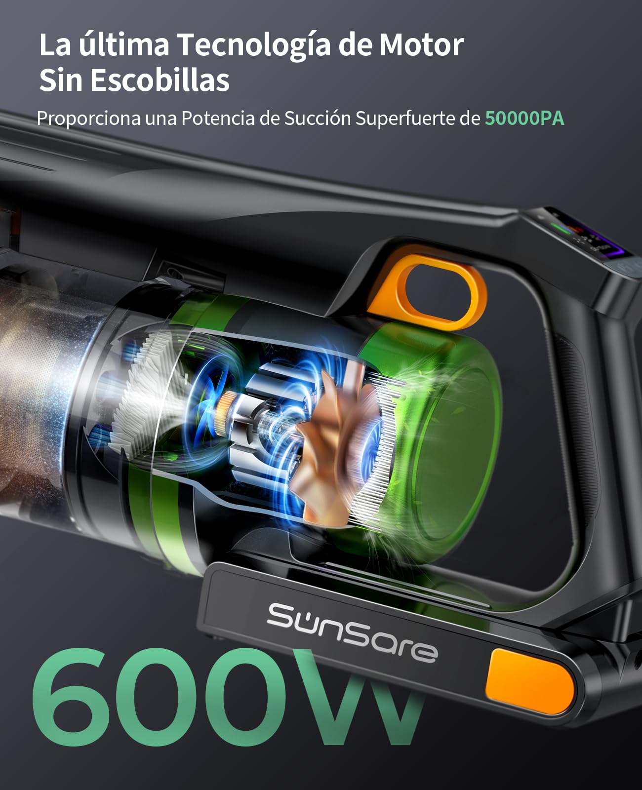 SunSare Aspiradora sin Cable 600W/50KPA/65Min (Eco), 1.8L Aspirador Sin Cable con Manguera de 1M, Aromaterapia, Luz LED Verde, Pantalla LED Inteligente, para Pelo de Mascotas, Alfombras, Pisos, Coche