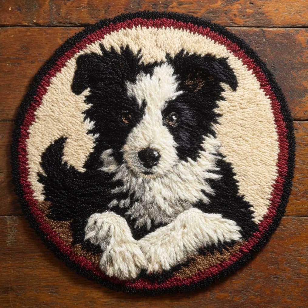 kitphoenix Round Shape Latch Hook Kits Rug Border Collie 50X50Cm DIY Cushion Rug Carpet Making Crochet Hook Kits Pre Printed Pattern Canvas Cushion Acrylic Yarn Hooking Kits Mat Kits