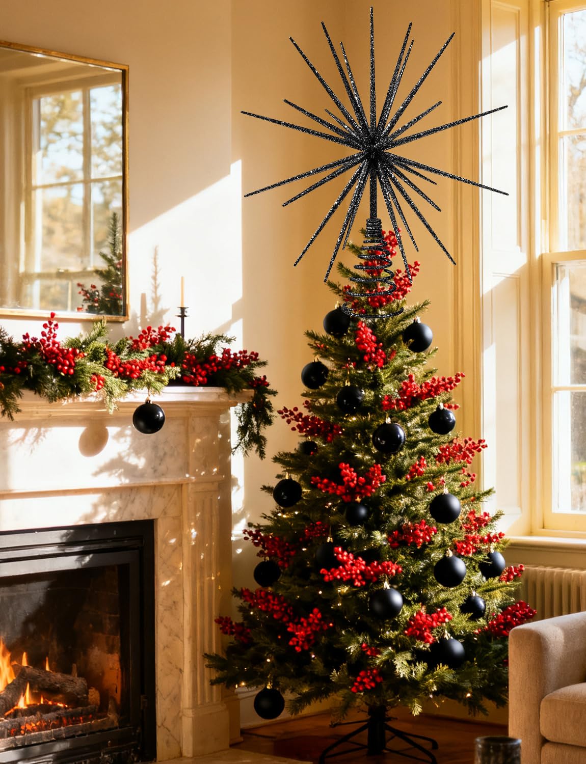 Cimier de sapin de Noël noir de 35 cm – Étoile explosive en 3D pour sapin de Noël