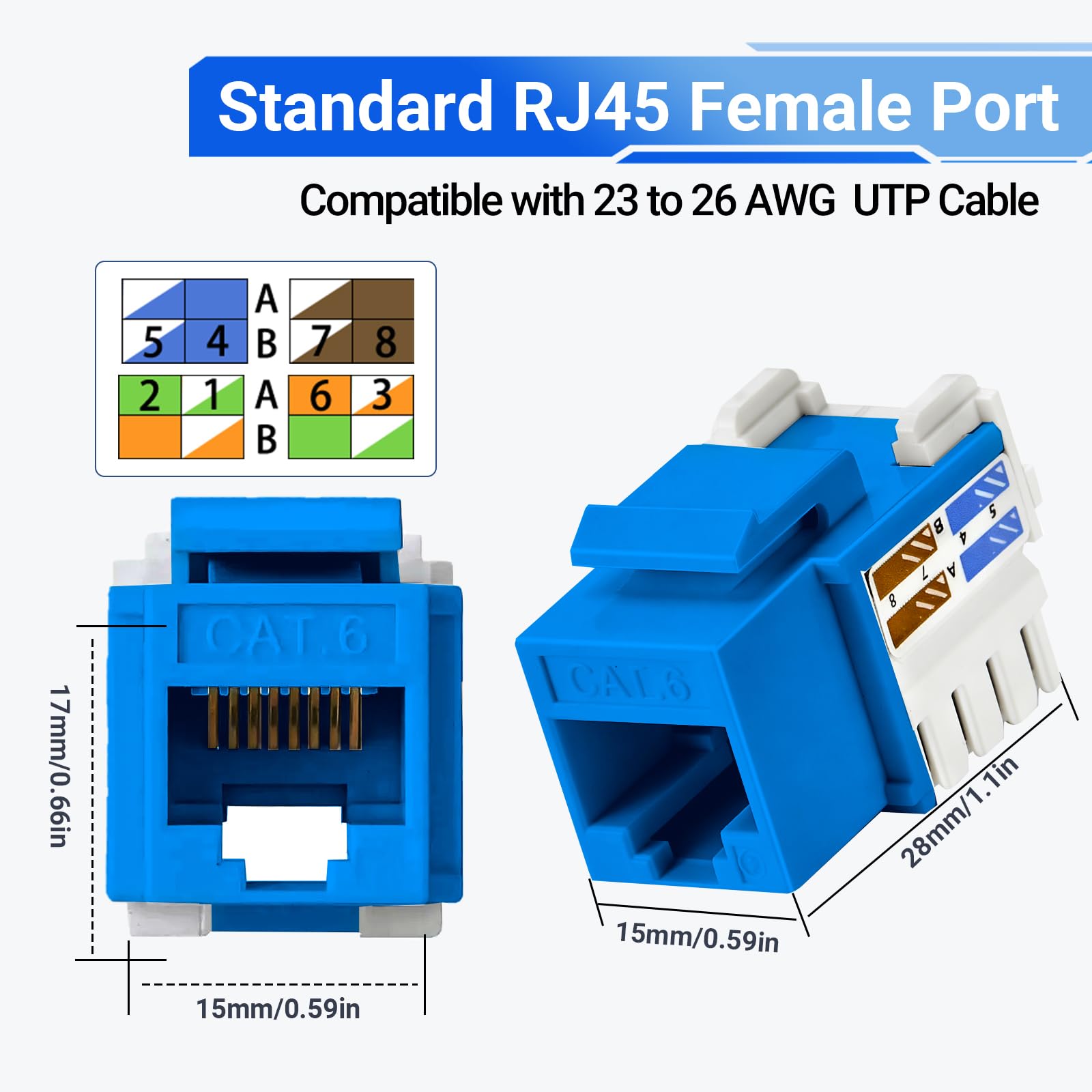 25 x gniazdo Keystone Cat 6 RJ45 10 Gb/s, złącza Keystone Cat6, niebieskie złącze modułowe Ethernet z narzędziem do wiercenia i uchwytem do panelu