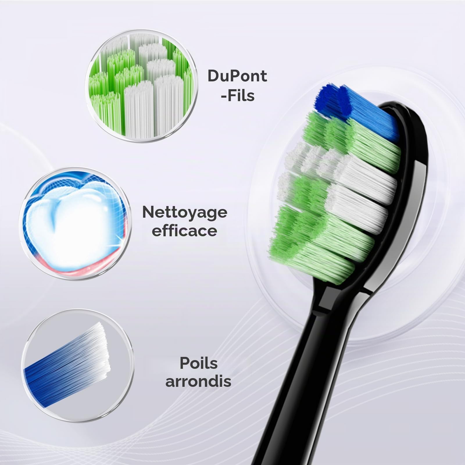 9 têtes de rechange pour brosse à dents électrique JTF, poils moyens, adaptées pour P200 (noir)